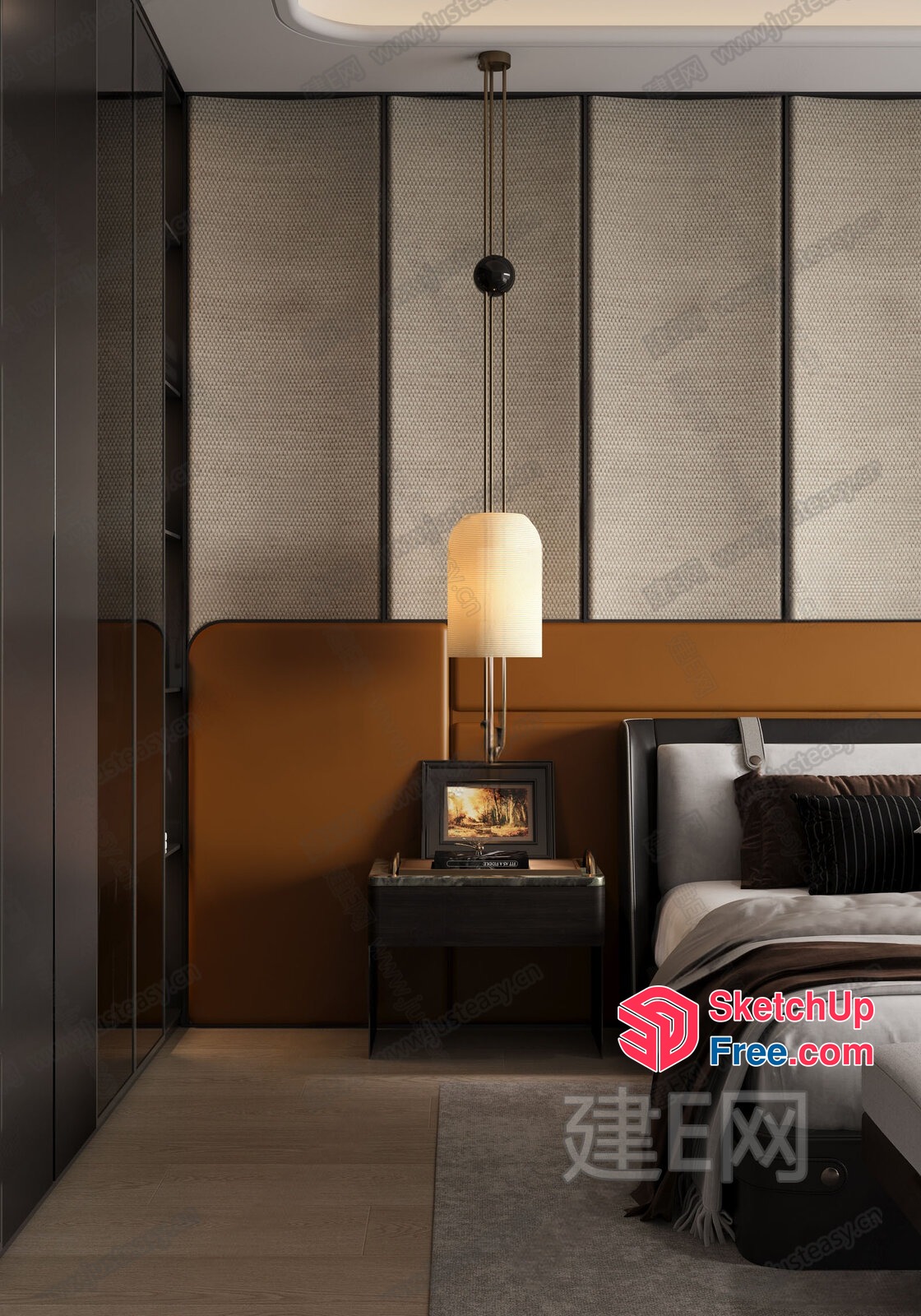Modern Bedroom Interior With Bed, Nightstand, And Hanging Light 3D SketchUp File
