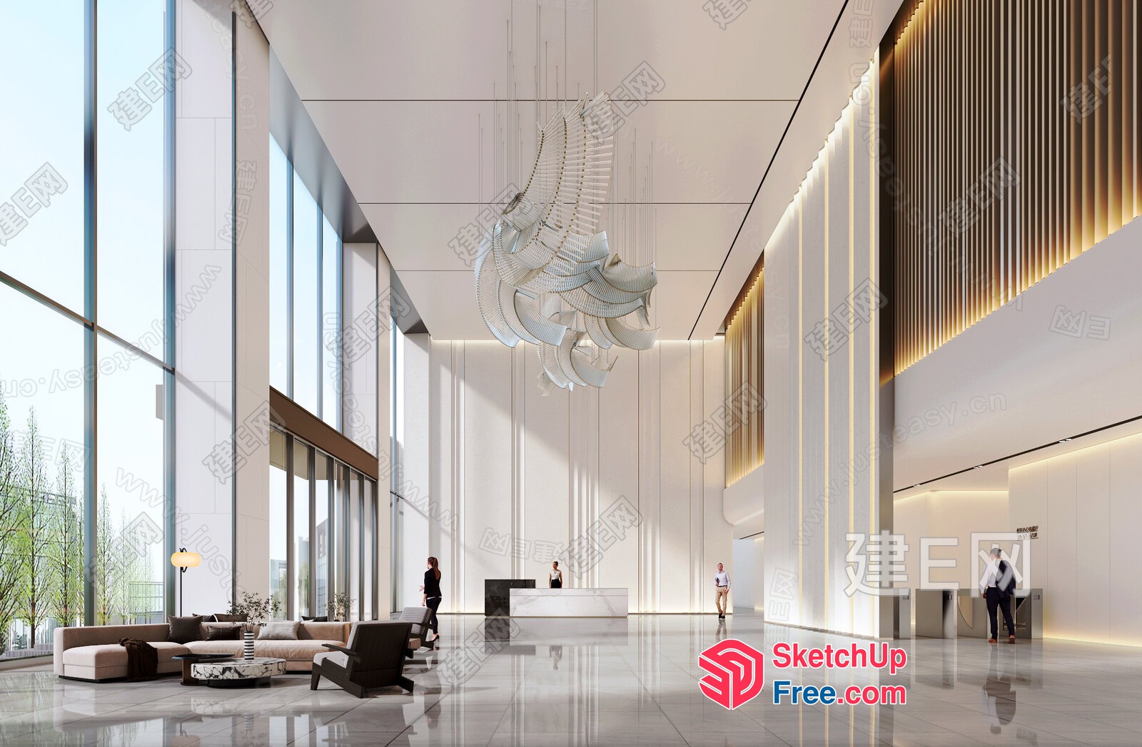 Modern Office Building Lobby With High Ceilings And Large Windows 3D SketchUp File