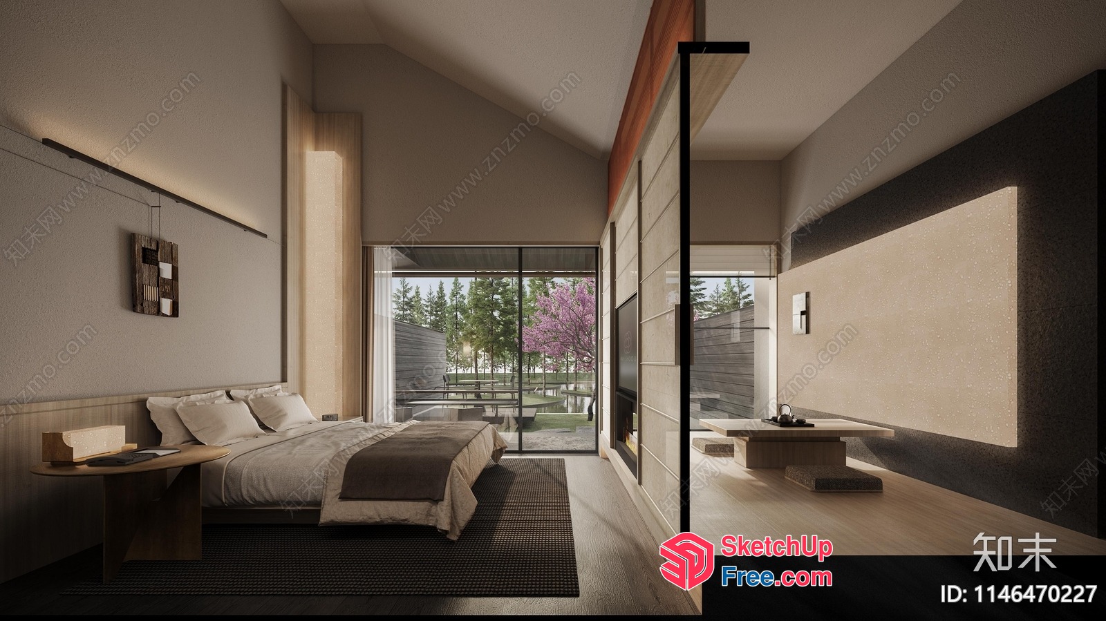 Modern Japanese-Style Bedroom With Sliding Glass Doors And Wood Accents 3D SketchUp File