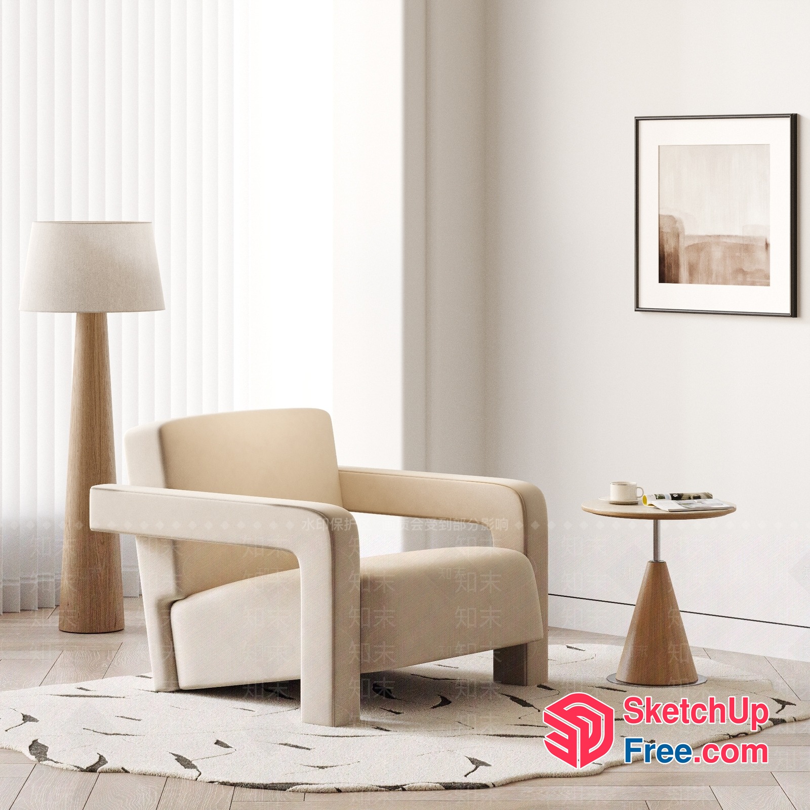 Modern Minimalist Living Room With Creamy Style Furniture 3D SketchUp File
