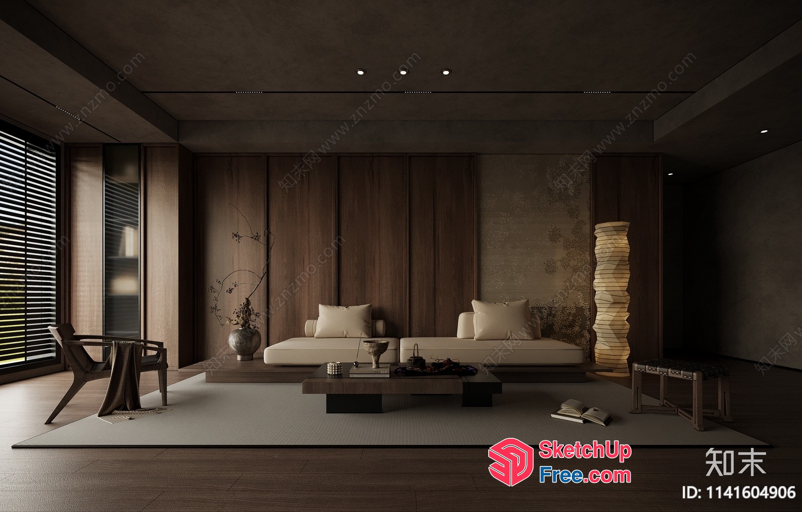 Modern Japanese-Style Living Room With Natural Wood Accents 3D SketchUp File