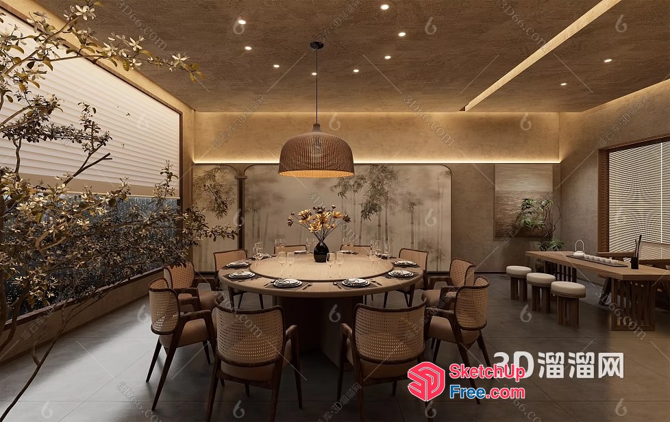 Elegant Dining Room With Large Round Table And Woven Chairs 3D SketchUp File