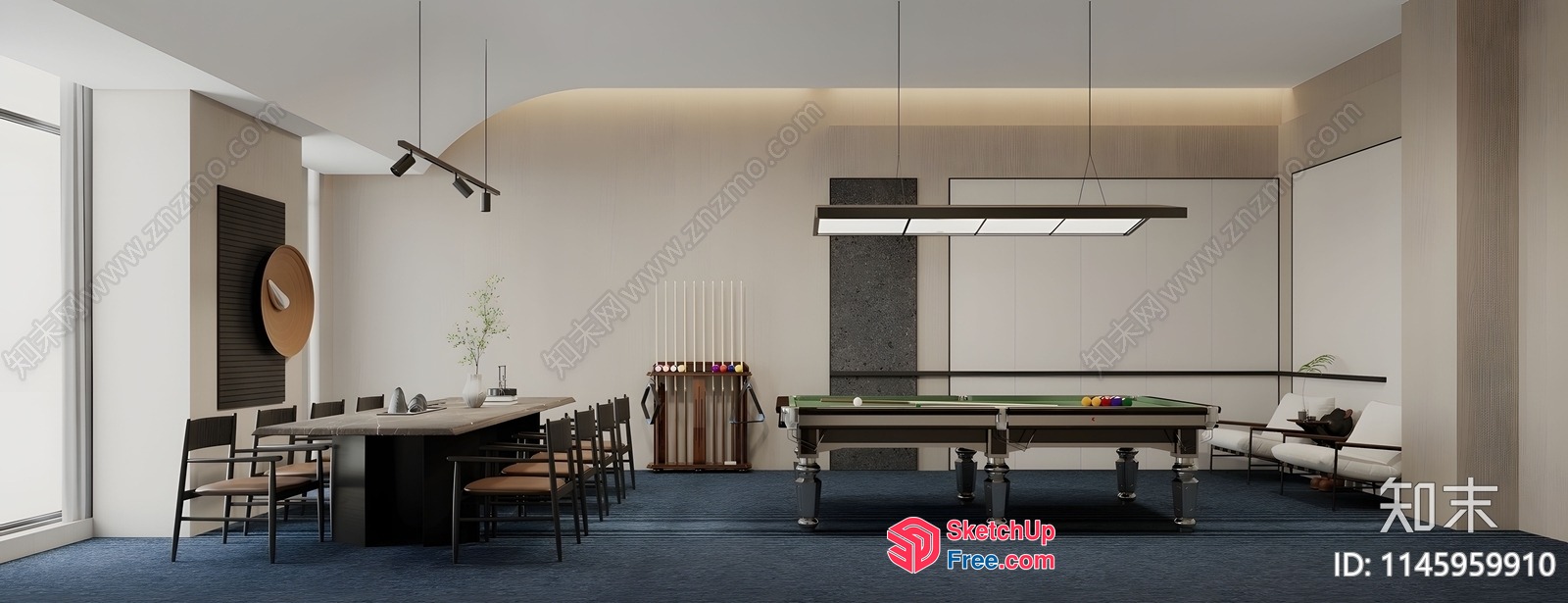Modern Minimalist Billiard Room With Dining Area 3D SketchUp File