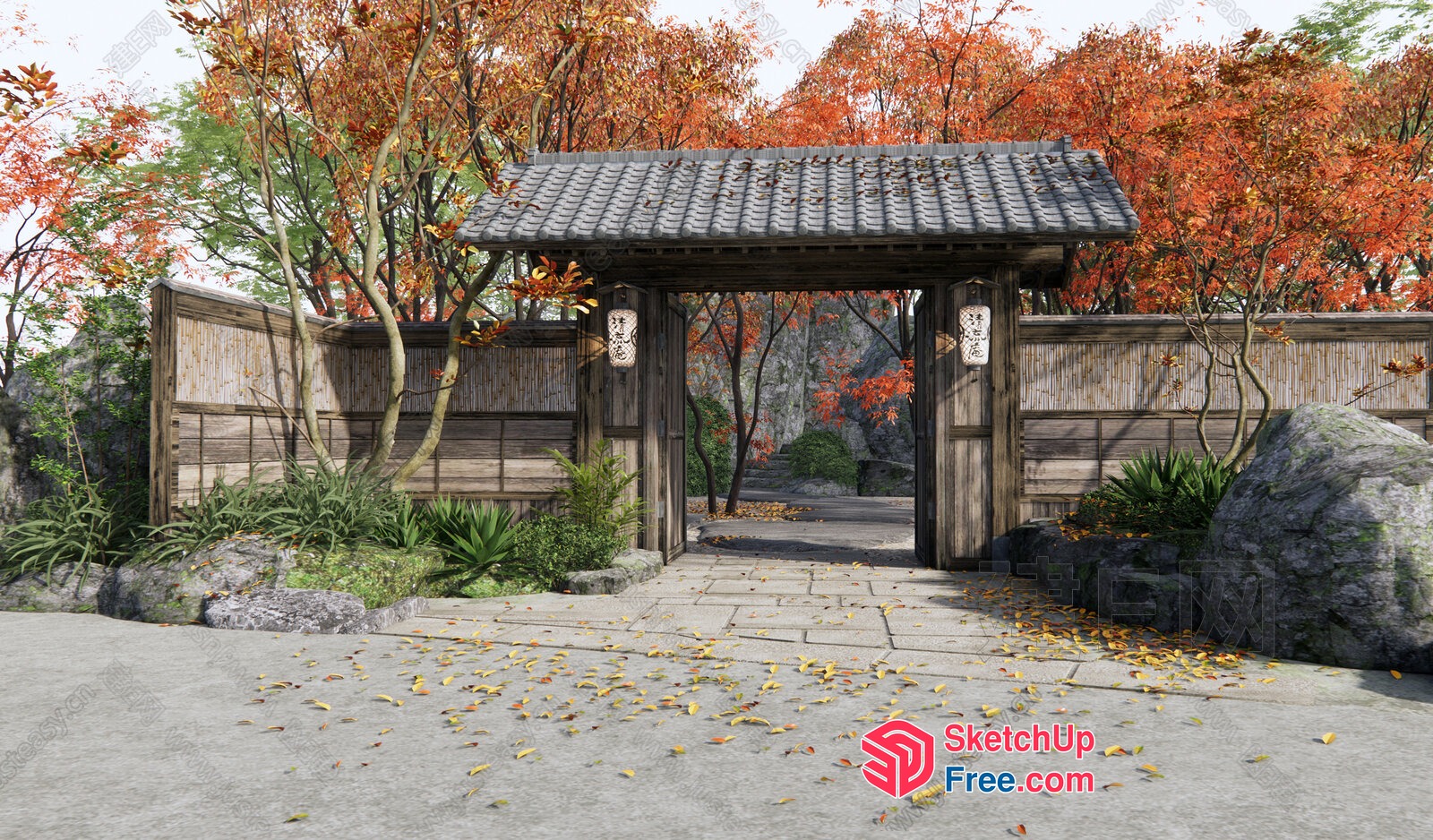 Traditional Japanese Entrance With Stone Path And Lanterns 3D SketchUp File