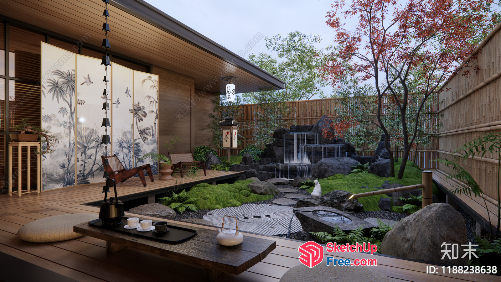 Serene Japanese-Inspired Interior With Tranquil Water Feature 3D SketchUp File