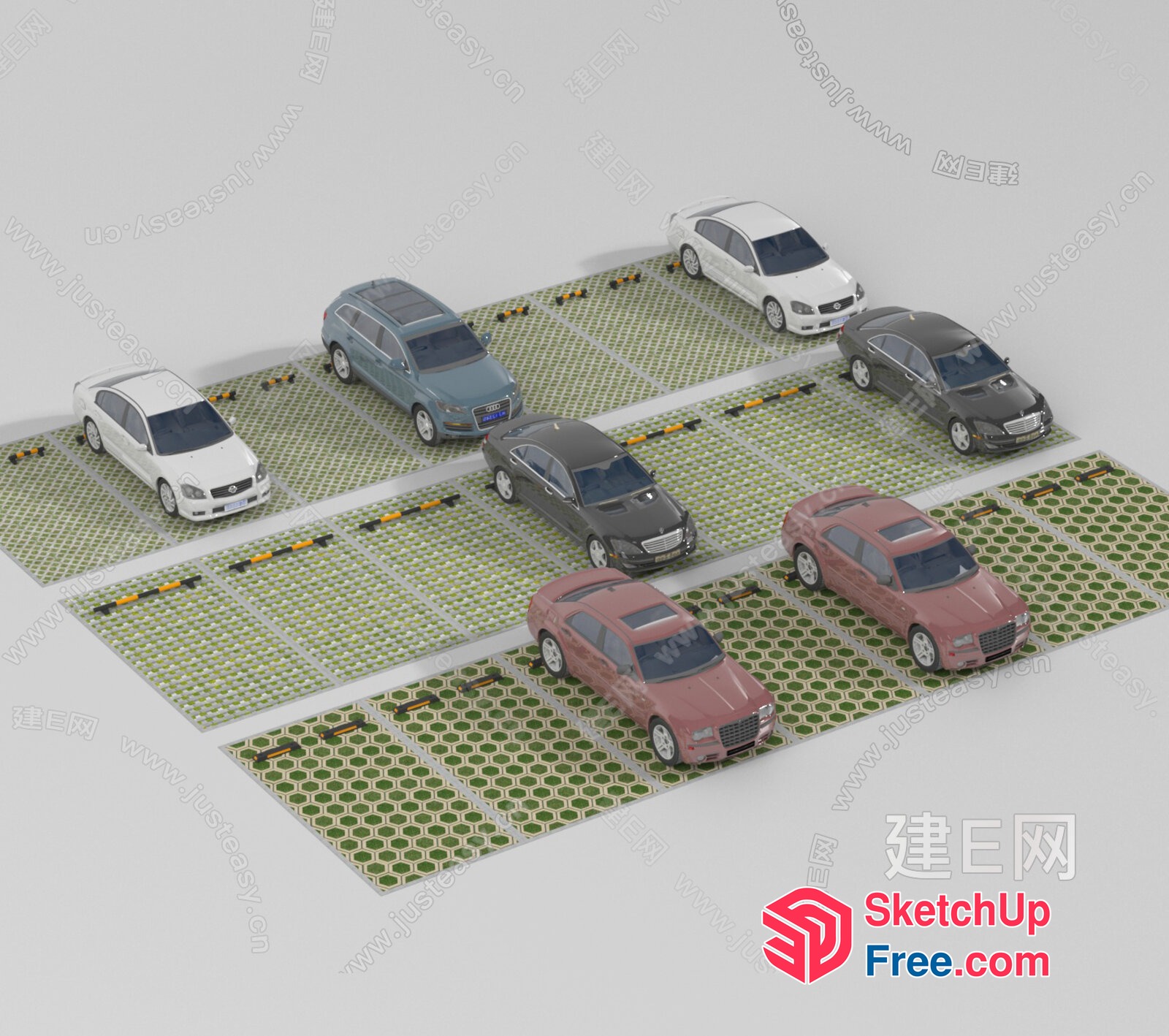 3D Parking Lot With Cars And Green Grass 3D SketchUp File