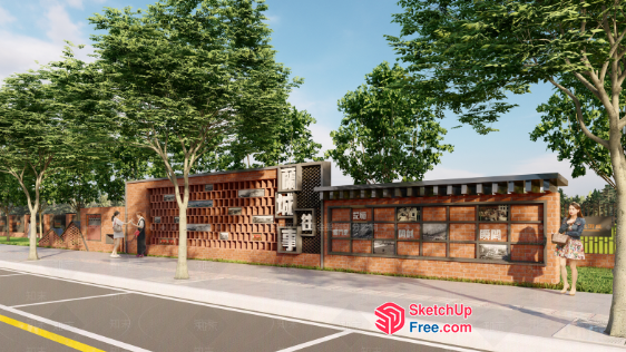 Exterior Brick Wall With Windows And Trees 3D SketchUp File