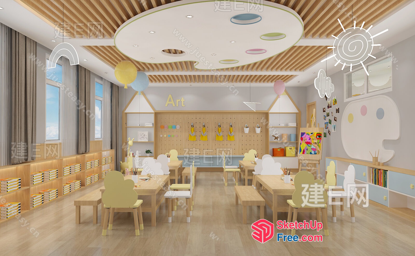 Modern Art Studio With Creative Ceiling And Shelving 3D SketchUp File