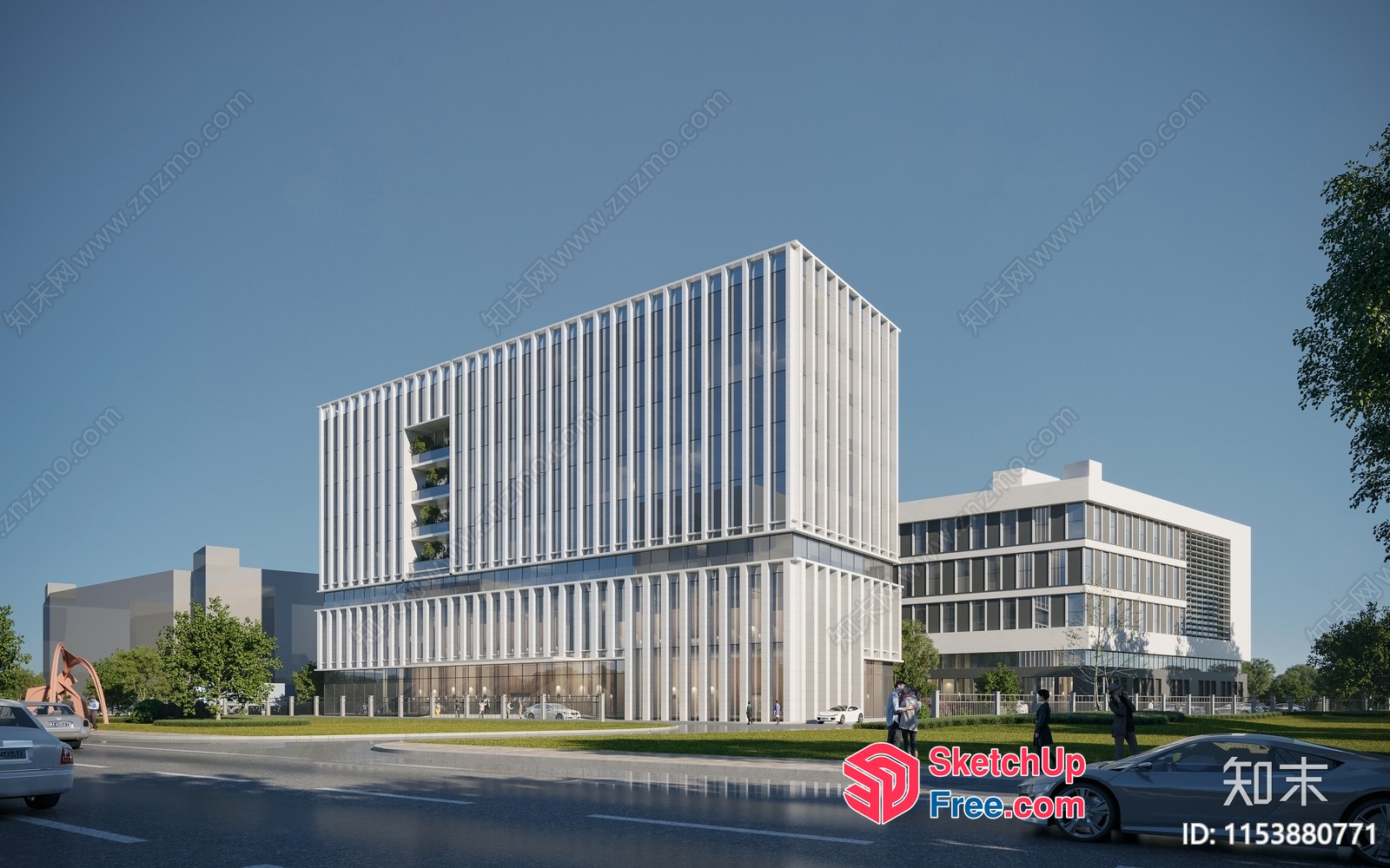 Modern Office Building Exterior With Glass Curtain Wall And Pillars 3D SketchUp File