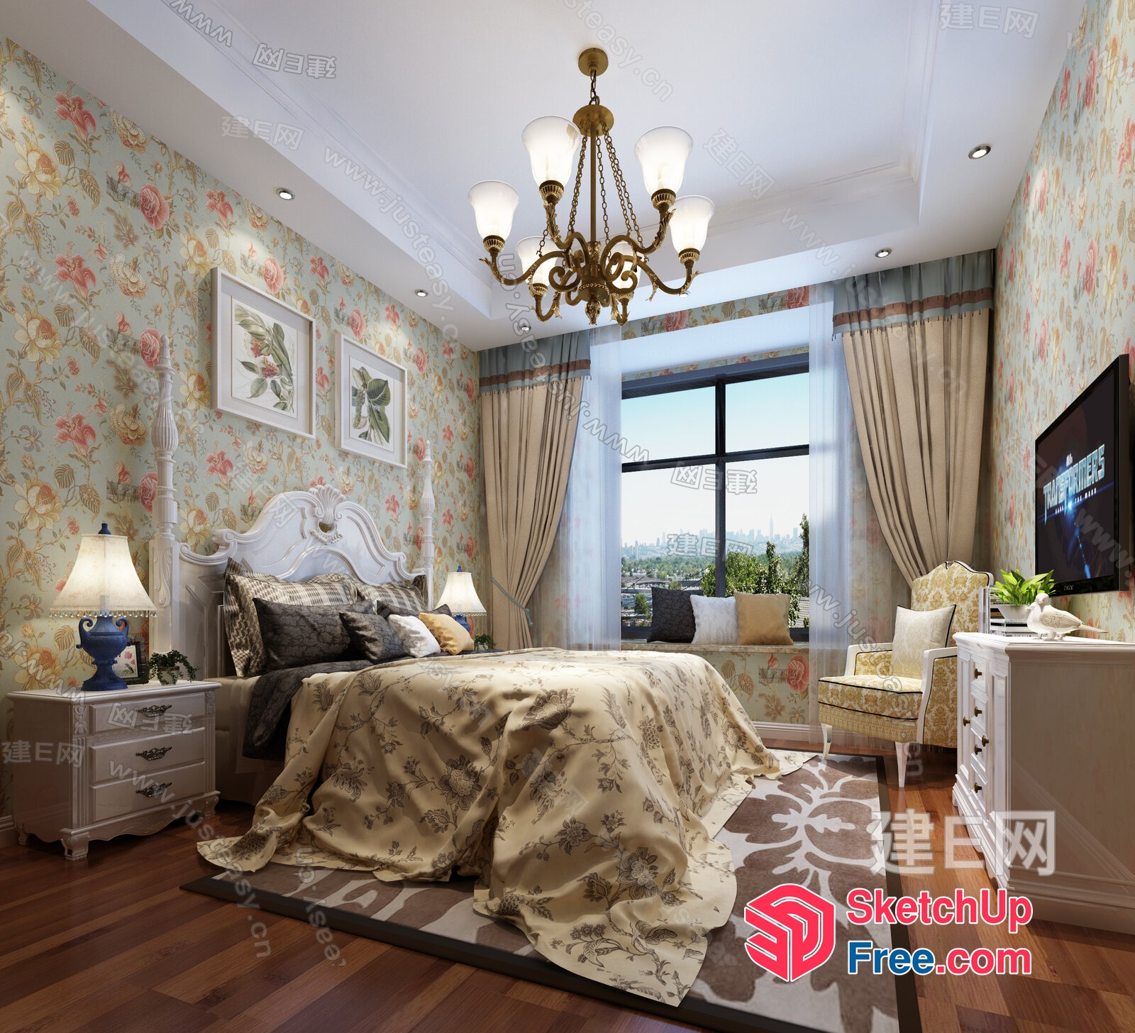 Elegant European-Style Bedroom With Floral Patterns And Ornate Details 3D SketchUp File