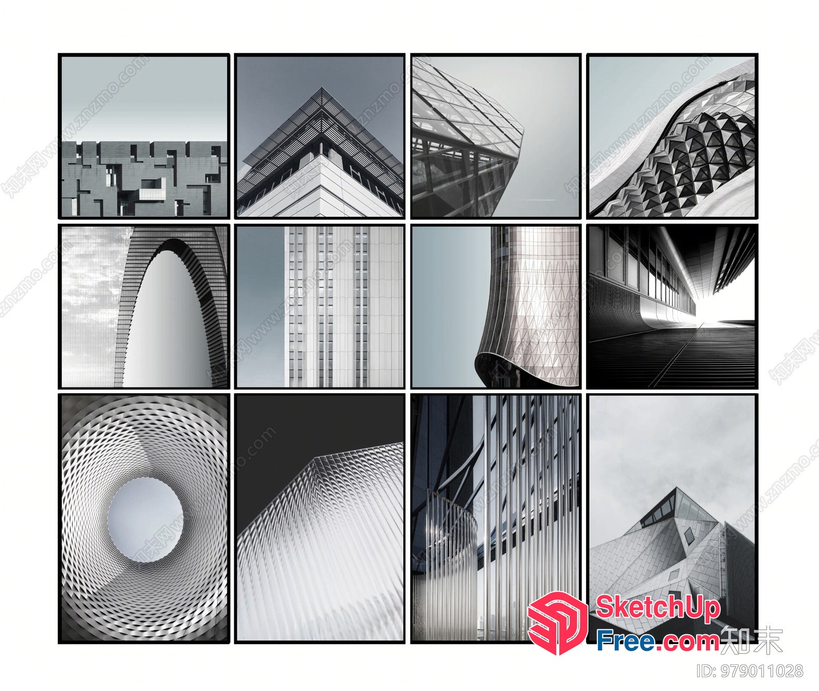 Modern Architectural Structures In Black And White 3D SketchUp File