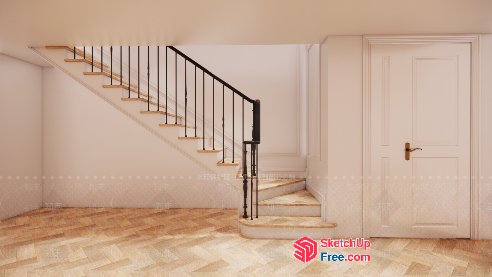 Elegant Staircase With Black Railing And White Walls 3D SketchUp File