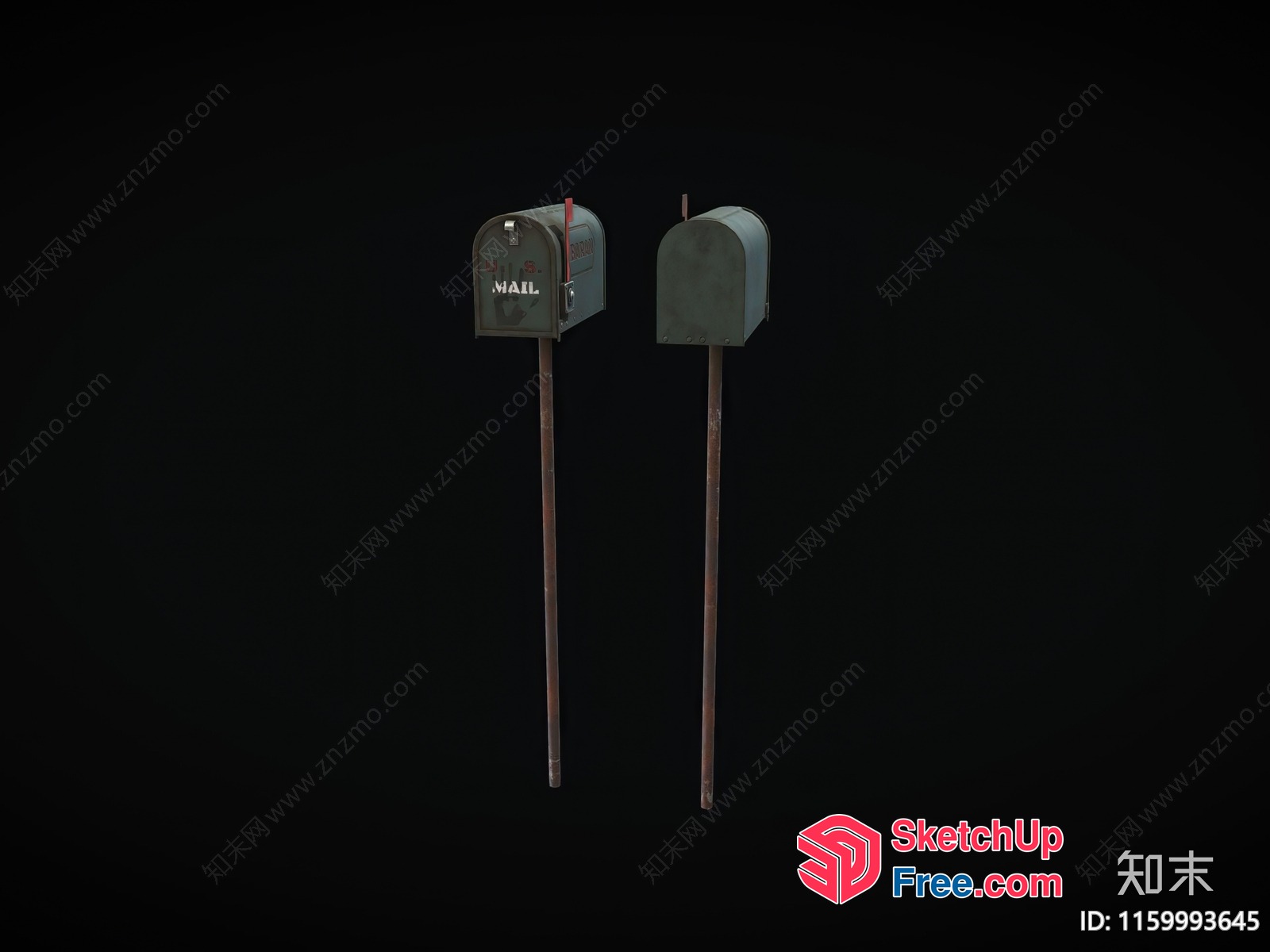 Three Old Rusty Mailboxes On Sticks 3D SketchUp File