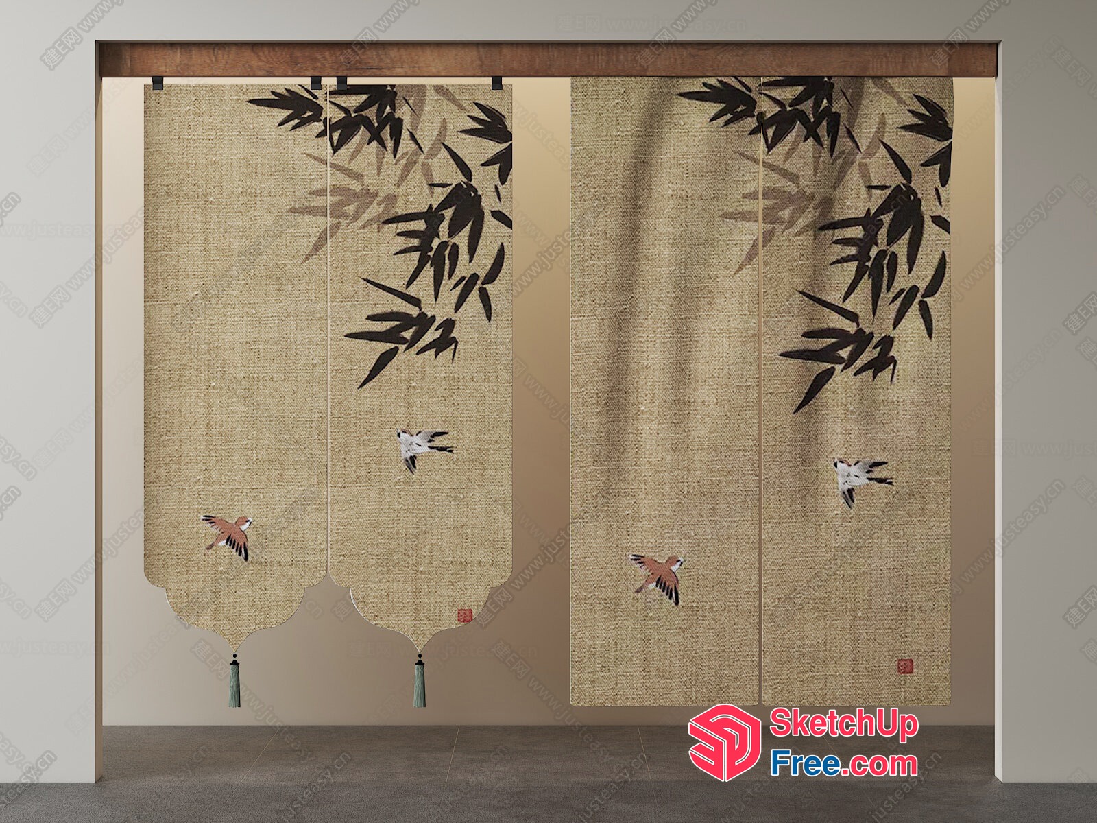 Asian-Inspired Sliding Door With Birds And Bamboo 3D SketchUp File