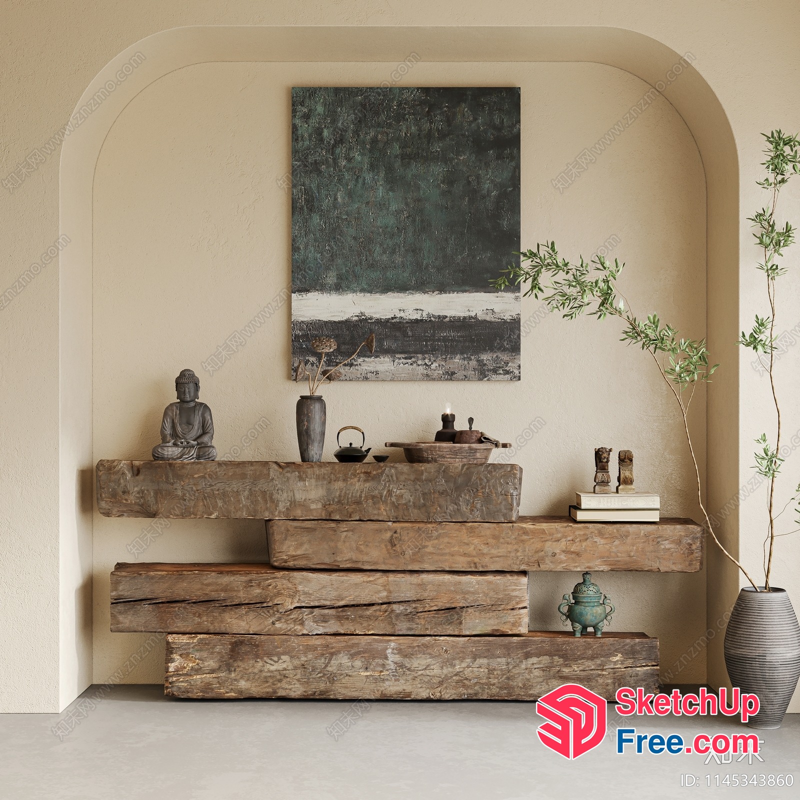 Minimalist Wabi-Sabi Style Rustic Wooden Shelf 3D SketchUp File