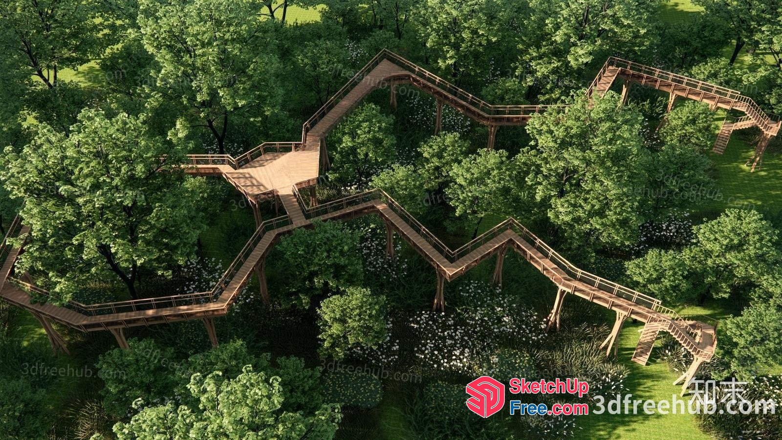 Serpentine Wooden Walkway In A Lush Forest 3D SketchUp File