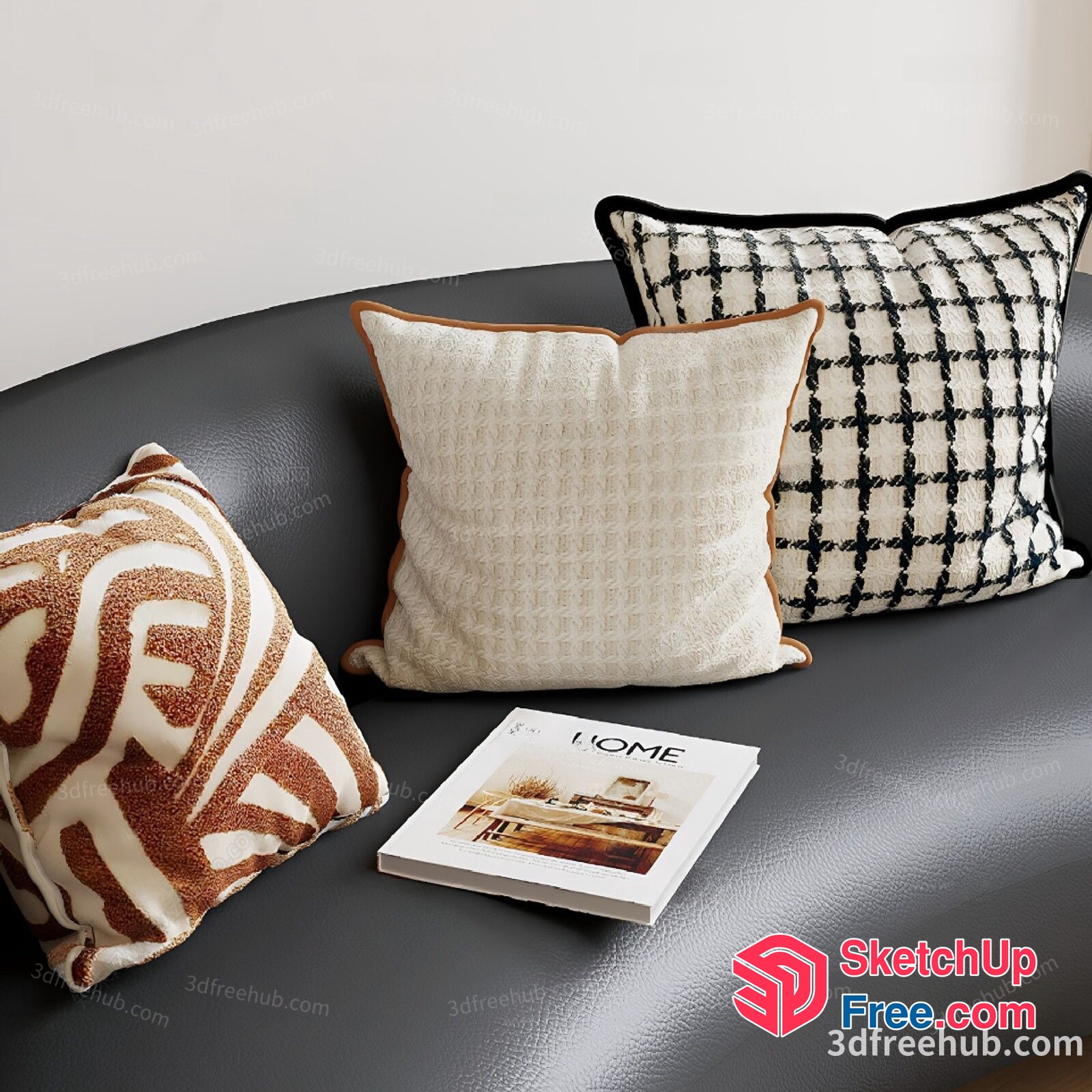 Comfortable Cushions And Magazine On A Dark Grey Leather Couch 3D SketchUp File