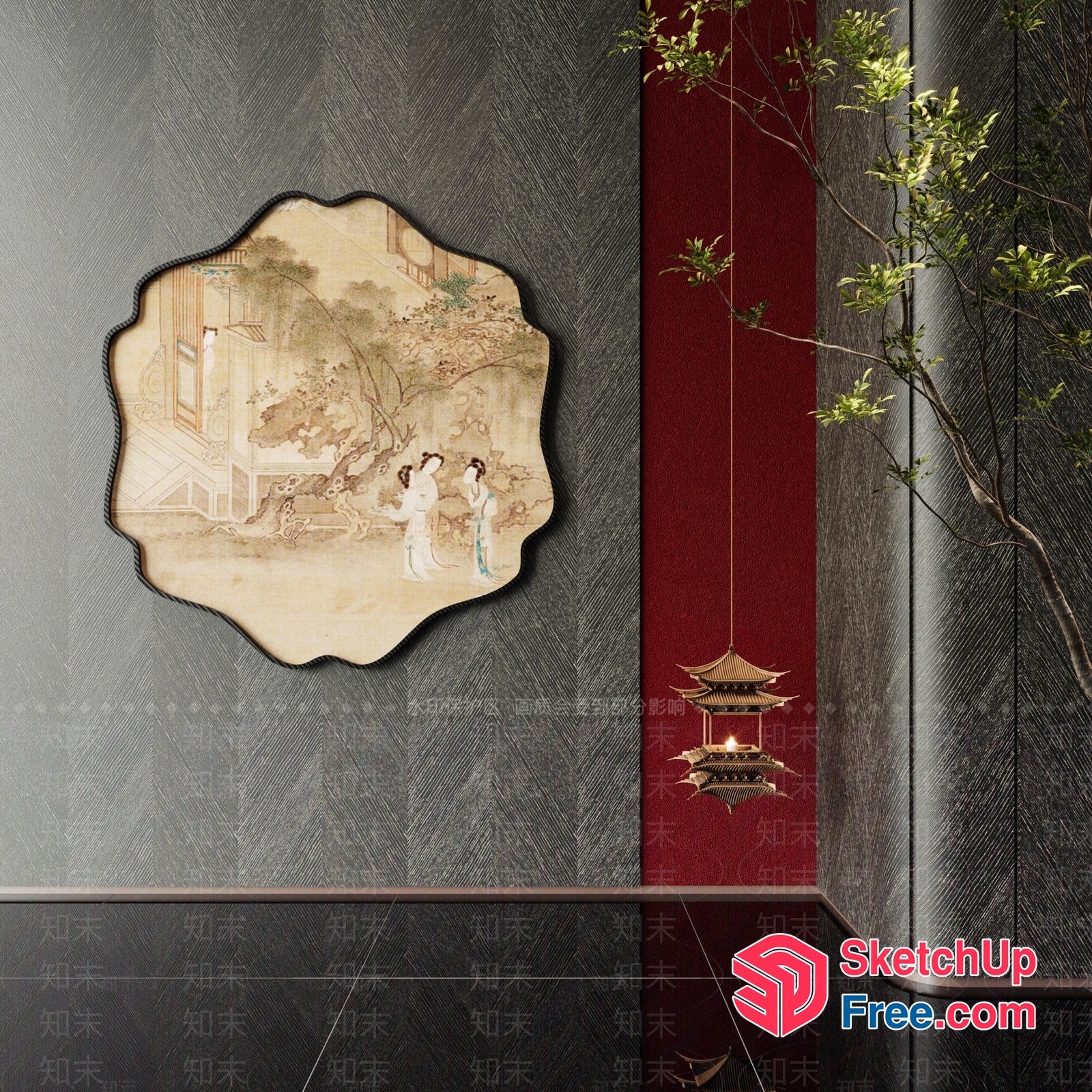 Asian-Inspired Interior Decor With Pillar And Stairway 3D SketchUp File