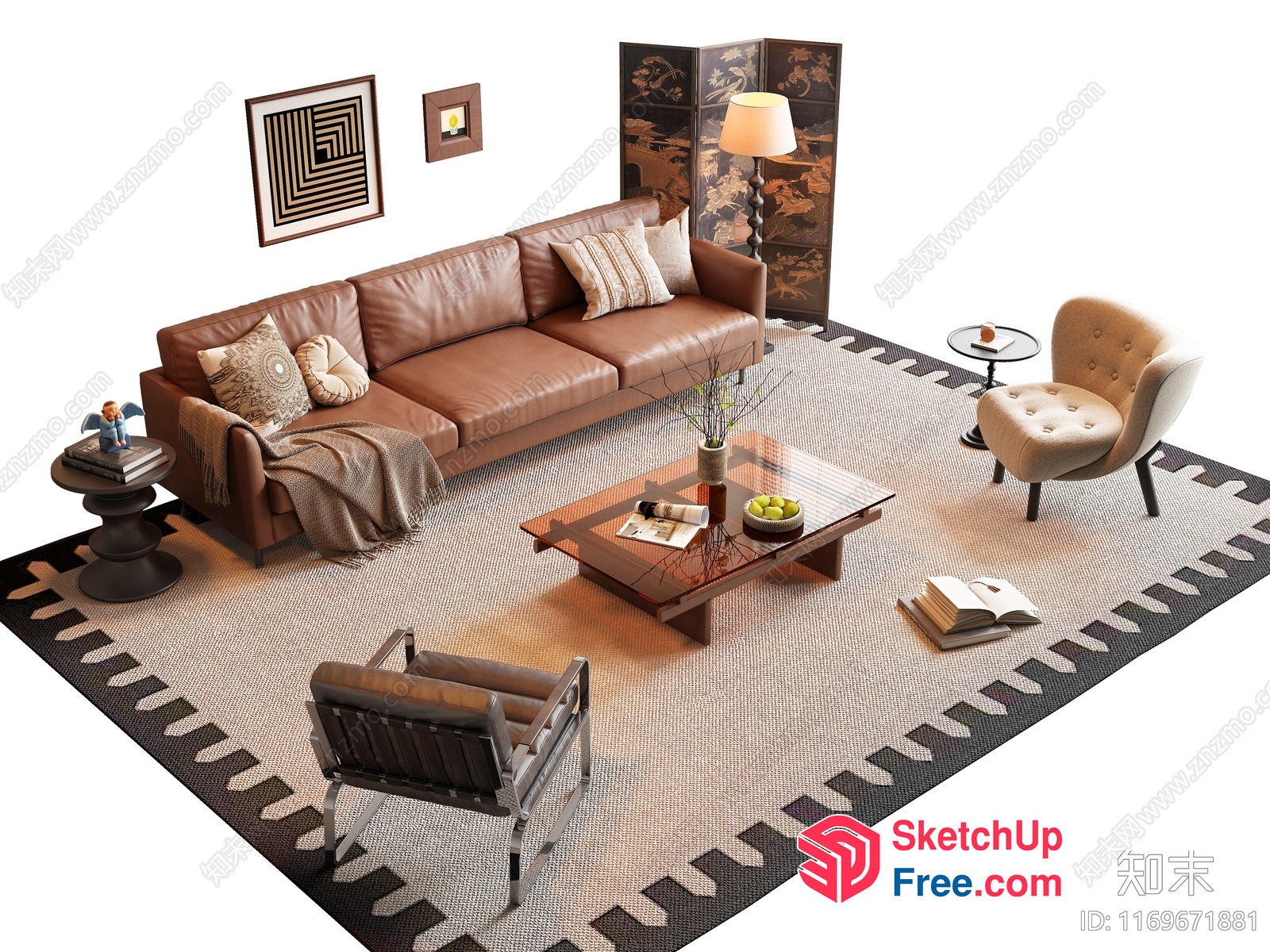Stylish Brown Leather Sofa And Wooden Coffee Table 3D SketchUp File