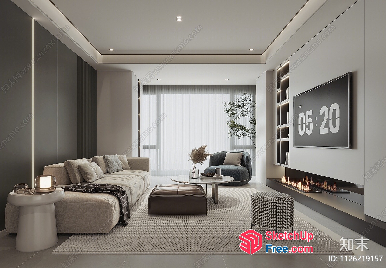 Modern Living Room With Fireplace And Large Window 3D SketchUp File