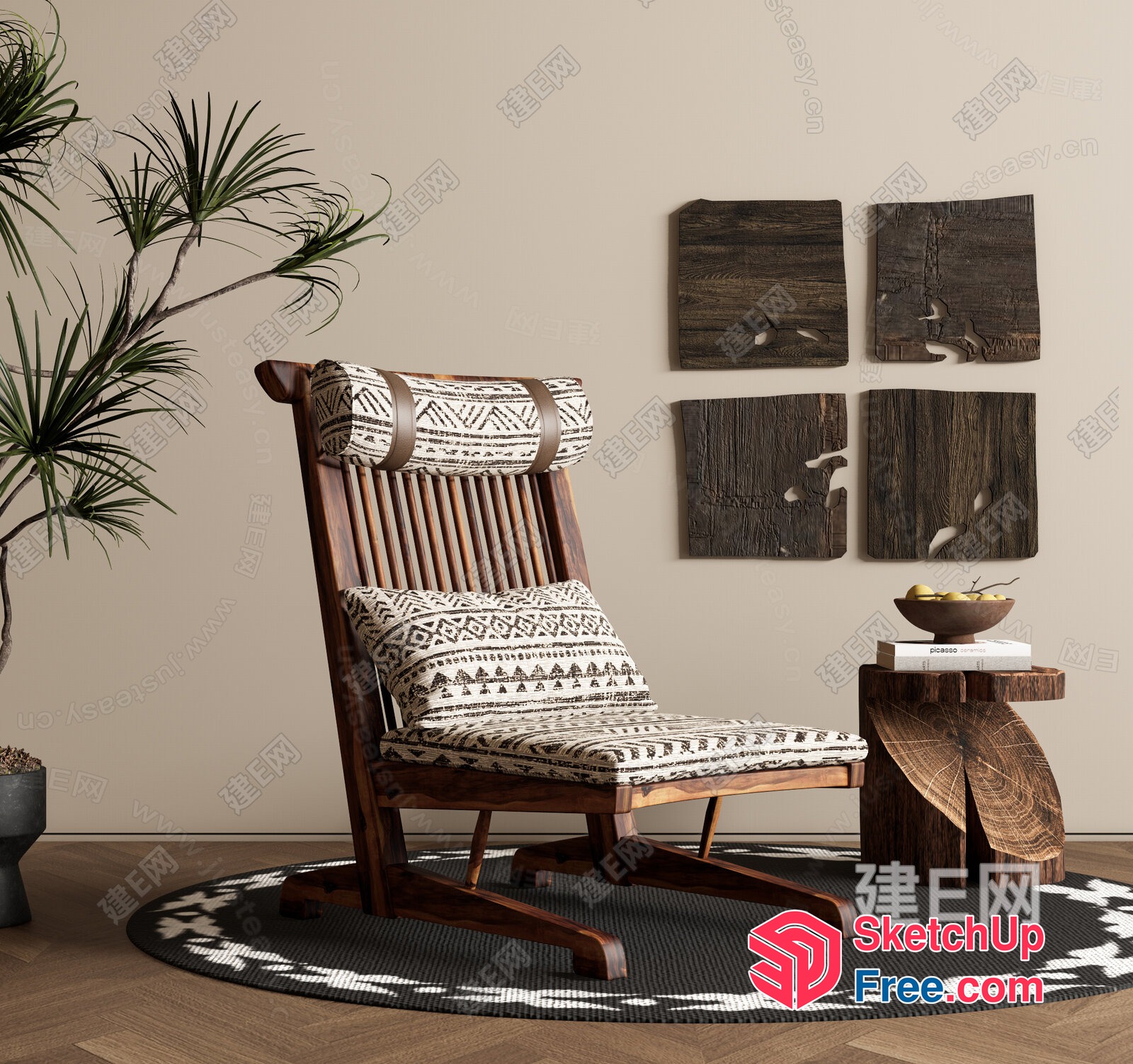 Cozy Modern Wood Chair With Patterned Cushions And Rug 3D SketchUp File