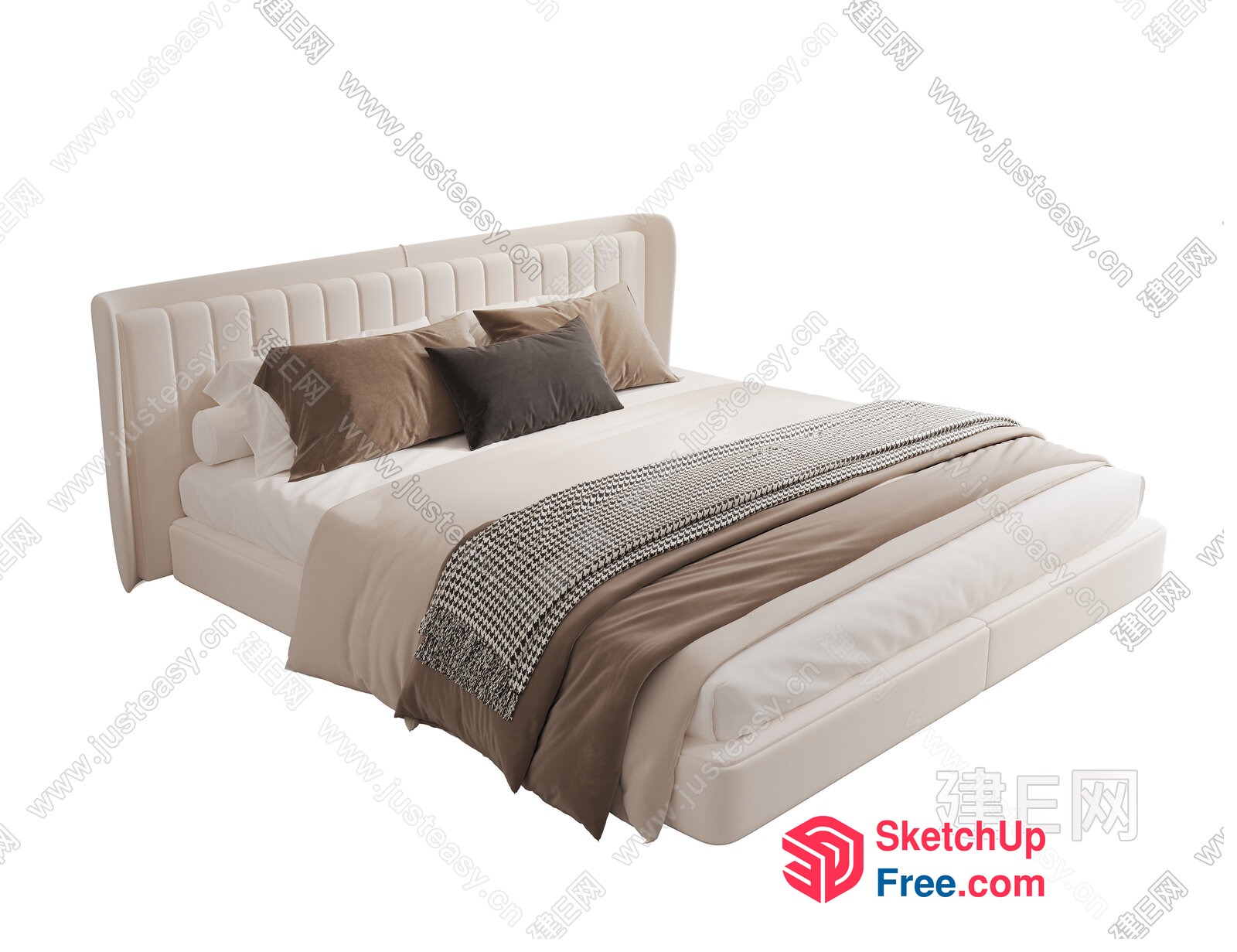 Elegant Creamy Style Bed With Pillows And Blanket 3D SketchUp File