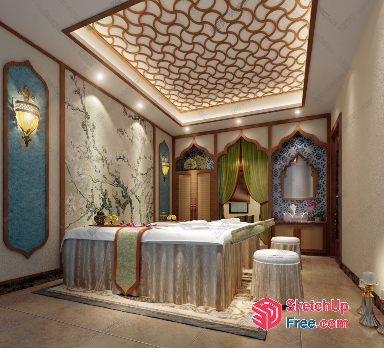 Ornate Spa Room With Luxurious Bed And Decorative Elements 3D SketchUp File