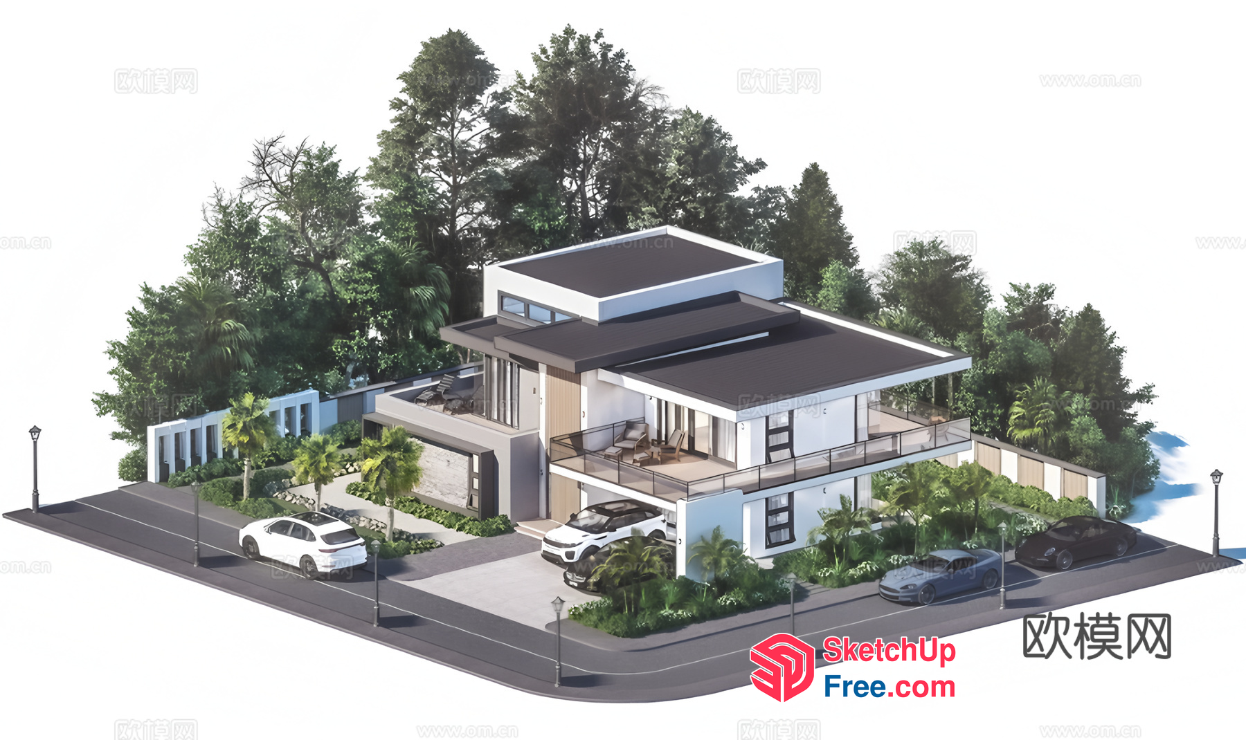 Modern Villa With Balconies And Carport 3D SketchUp File
