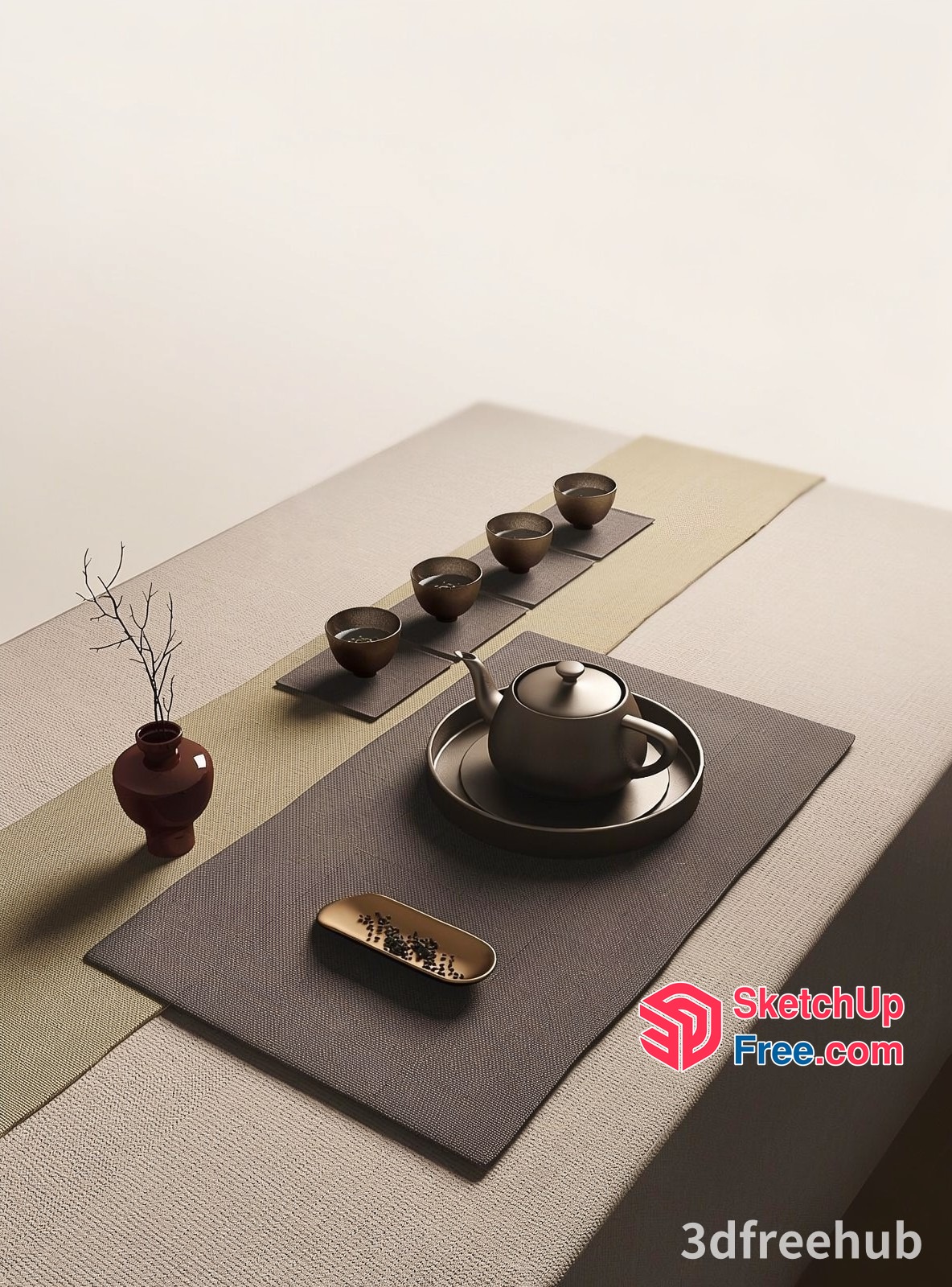 Elegant Minimalist Japanese Style Tea Table Scene 3D SketchUp File