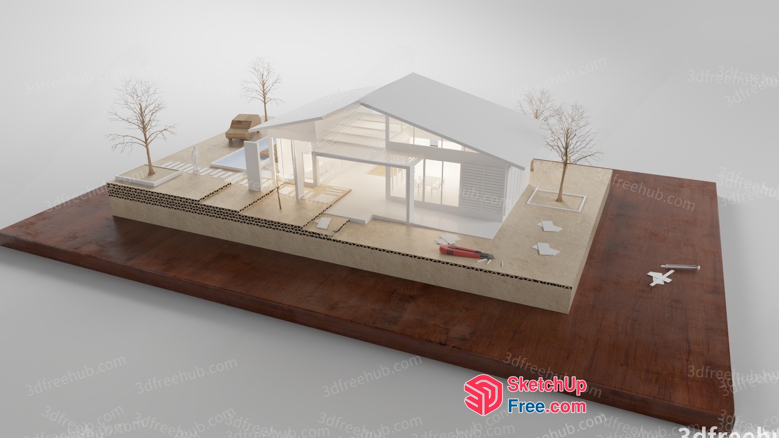 3D Model Of A Modern House With A Glass Wall And A Wooden Floor 3D SketchUp File