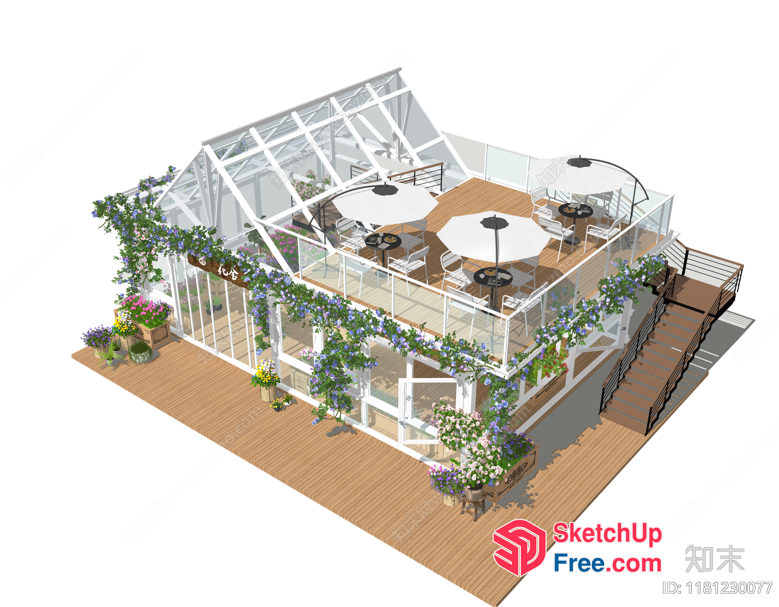 Glass-Covered, Flower-Adorned Outdoor Dining Space 3D SketchUp File