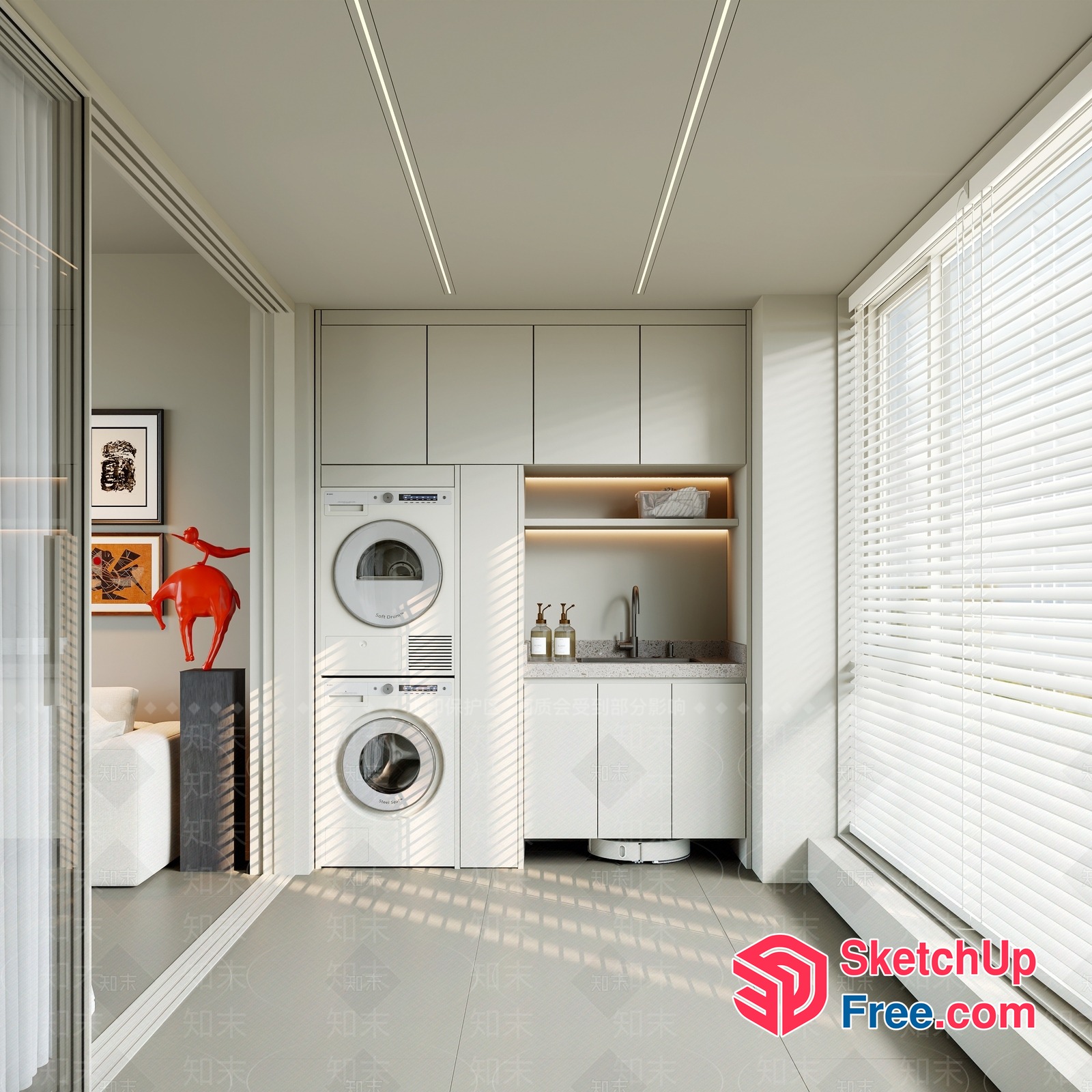 Modern White Laundry Room With Built-In Appliances 3D SketchUp File