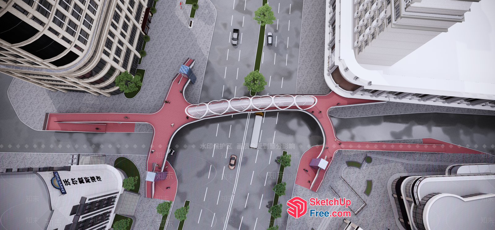 Aerial View Of A Modern Urban Street Intersection With Pedestrian Bridge 3D SketchUp File