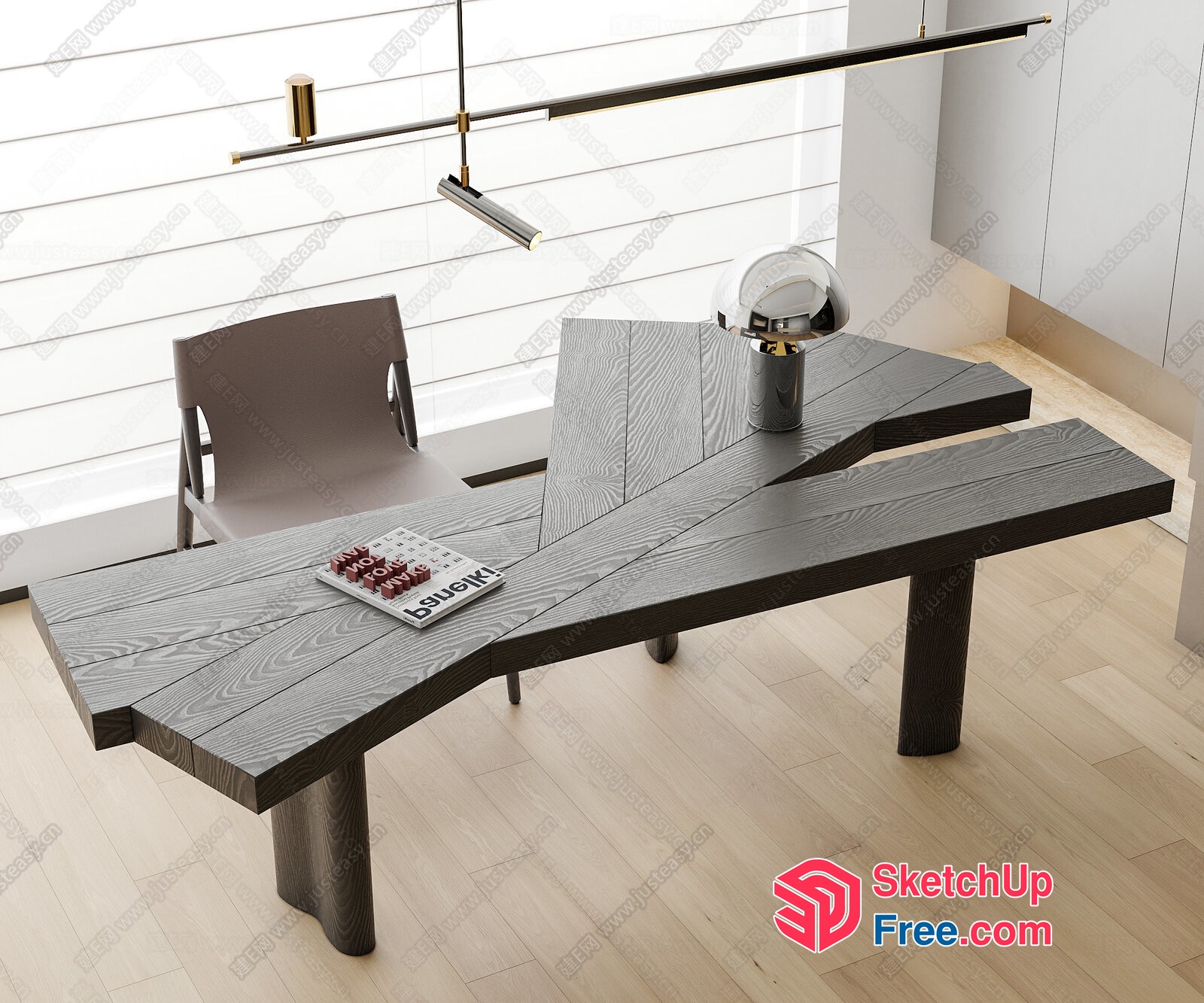 Elegant Modern Wood Desk And Chair Set In Minimalist Style 3D SketchUp File