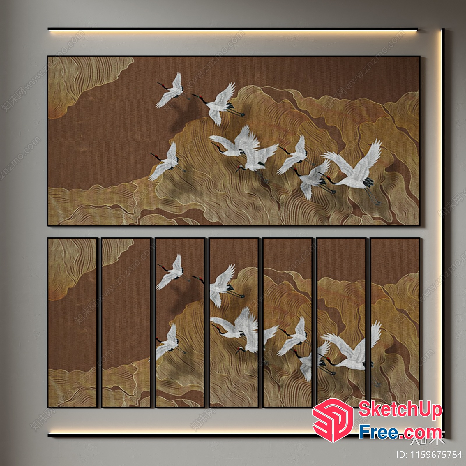 Artistic Paneling With Cranes And Abstract Waves 3D SketchUp File