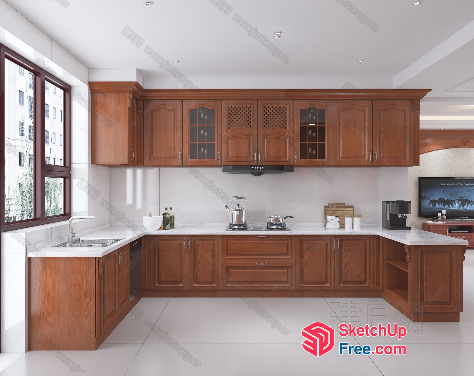 Elegant Kitchen With Wooden Cabinets And White Countertops 3D SketchUp File