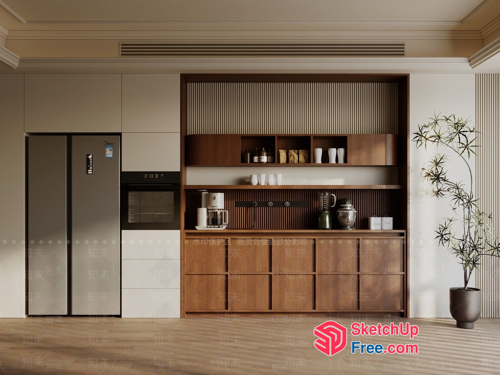 Modern Kitchen With Stainless Steel Appliances And Wooden Cabinetry 3D SketchUp File