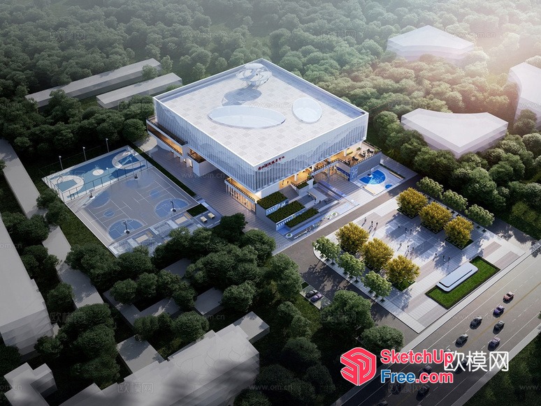 Modern Glass Building With Sports Court 3D SketchUp File