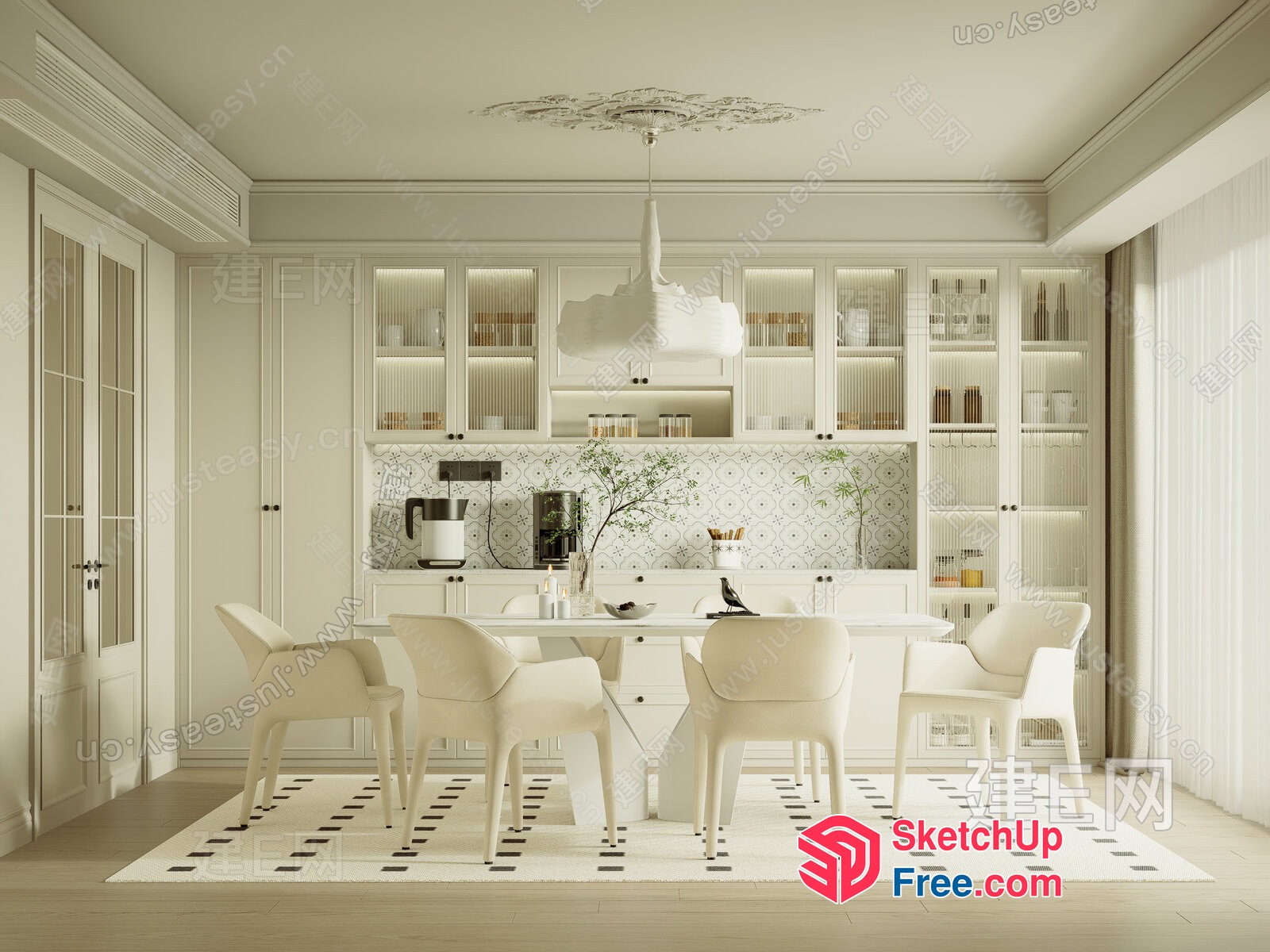 Modern White Dining Room With Stylish Lighting 3D SketchUp File