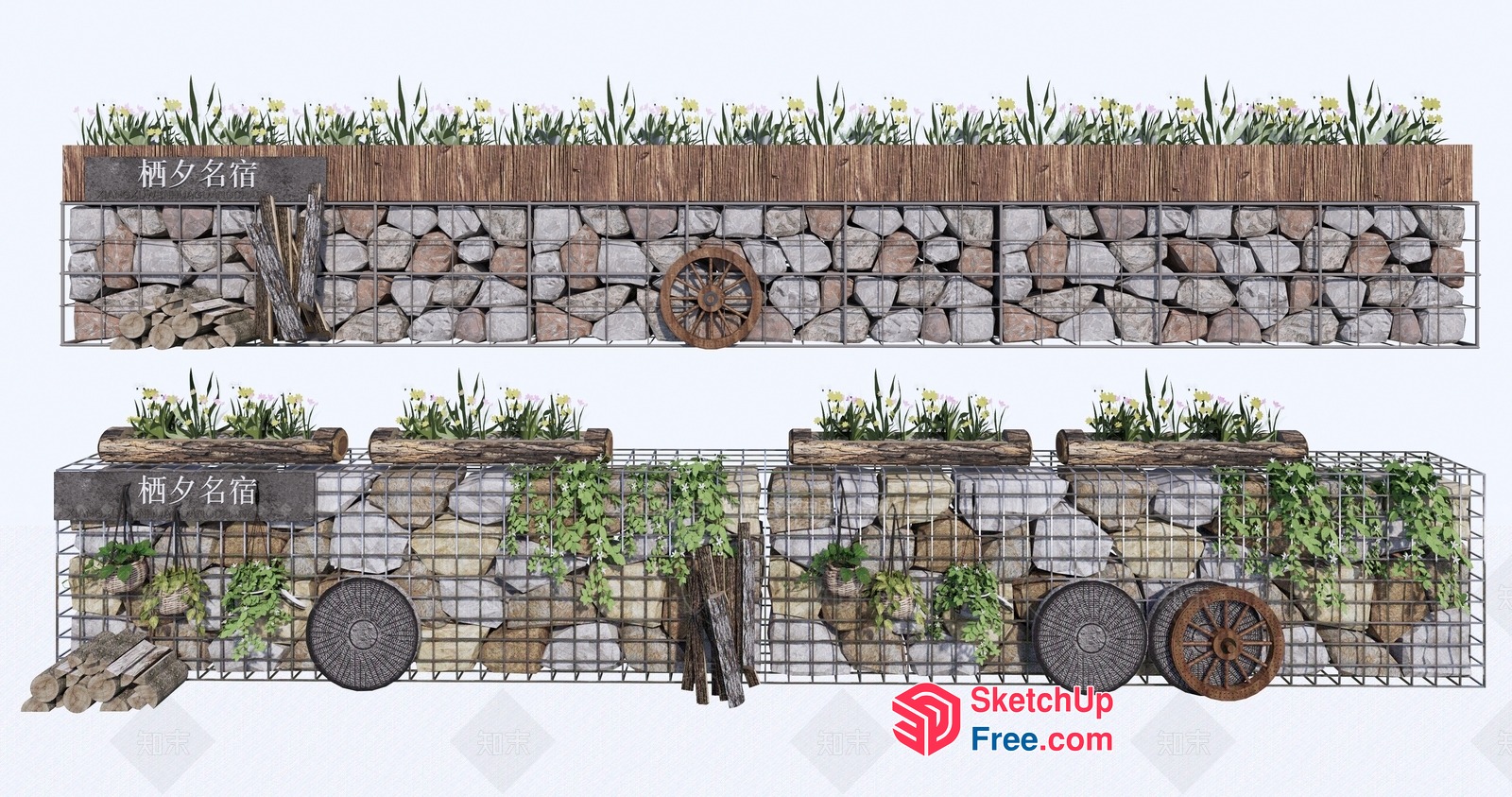 Rustic Natural Stone And Wood Decorative Wall 3D SketchUp File