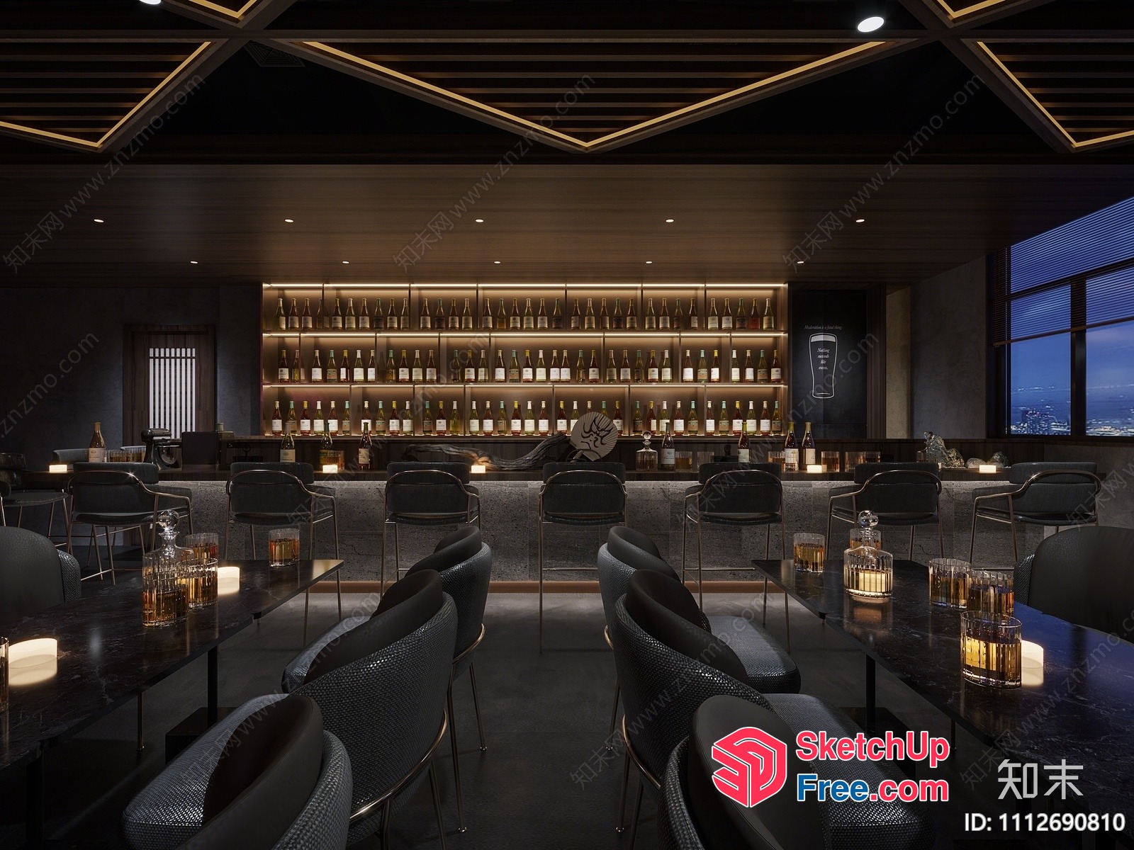 Modern Bar Interior With Wine Bottles And Dim Lighting 3D SketchUp File