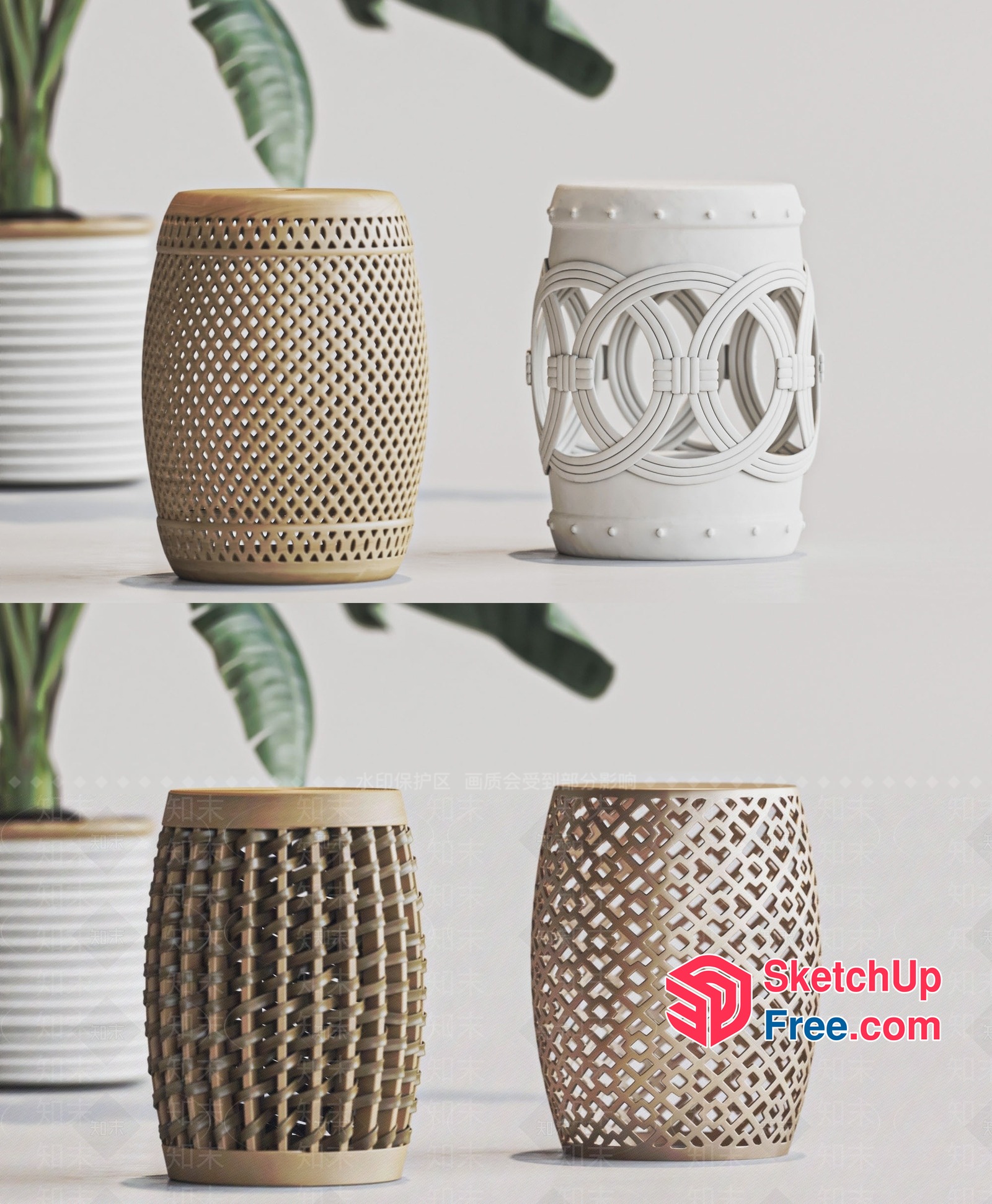Decorative Stools In Cream And White 3D SketchUp File