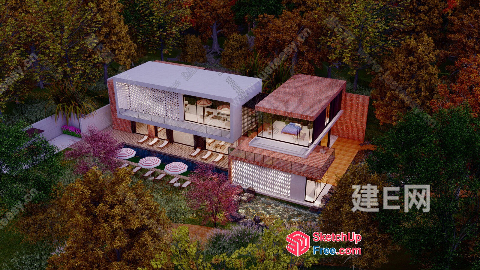 Modern Villa Exterior With Glass Curtain Wall And Pool 3D SketchUp File
