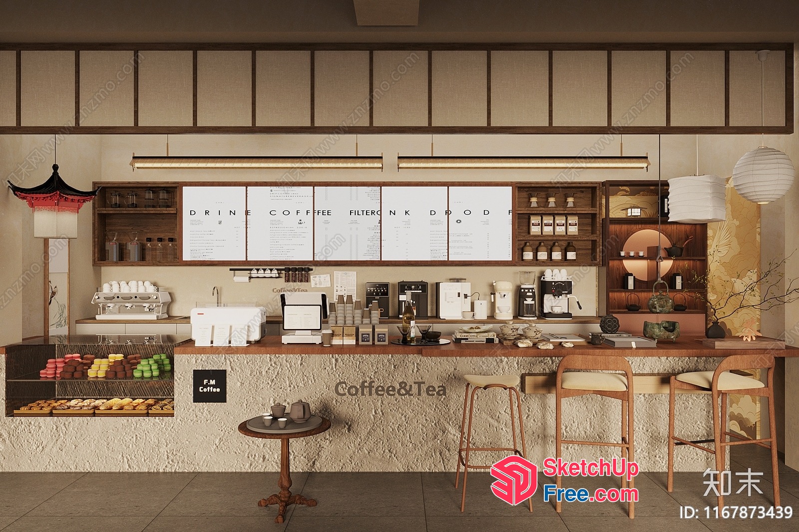 Modern Japanese-Inspired Coffee Shop Interior 3D SketchUp File
