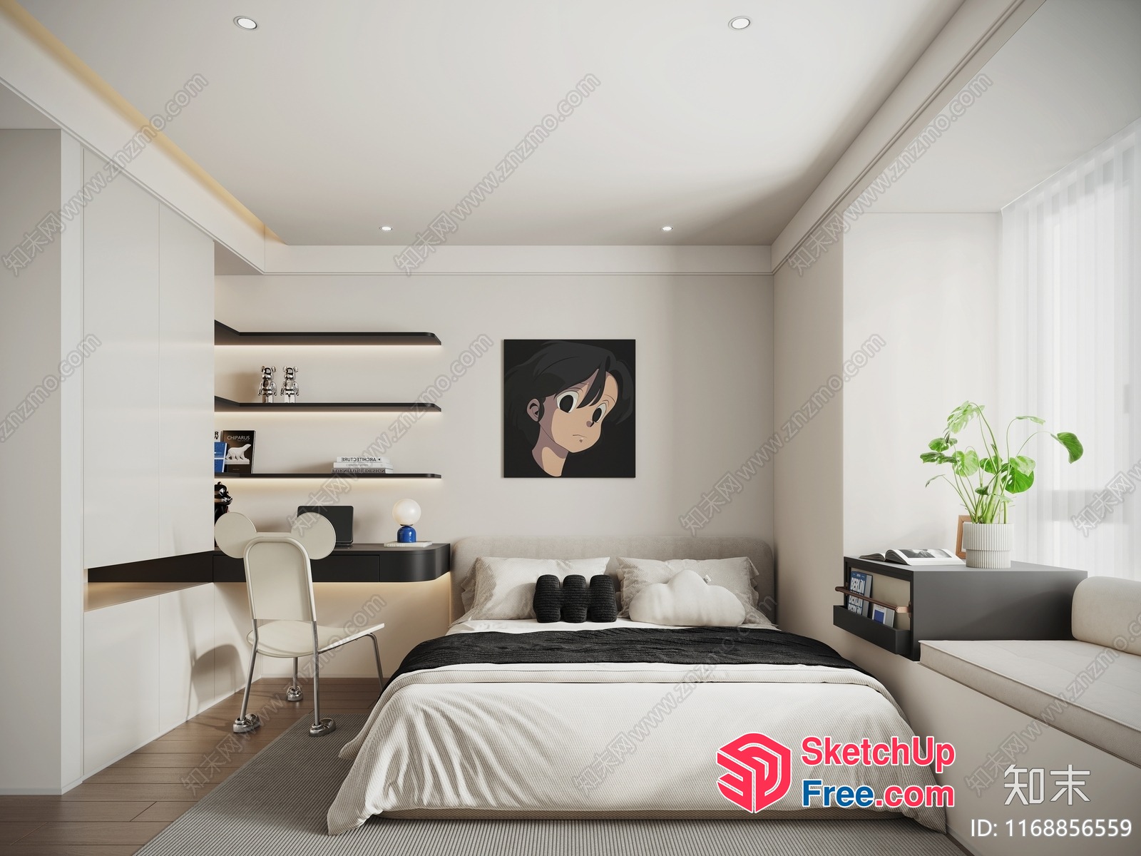 Modern Minimalist Bedroom Interior With White And Black Decor 3D SketchUp File