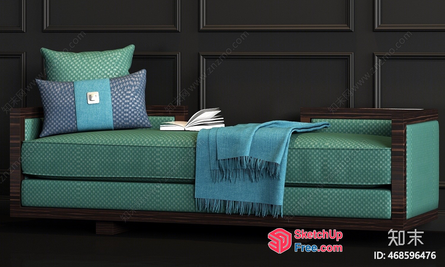 Teal Sofa With Pillows And Blanket In A Dark Room 3D SketchUp File