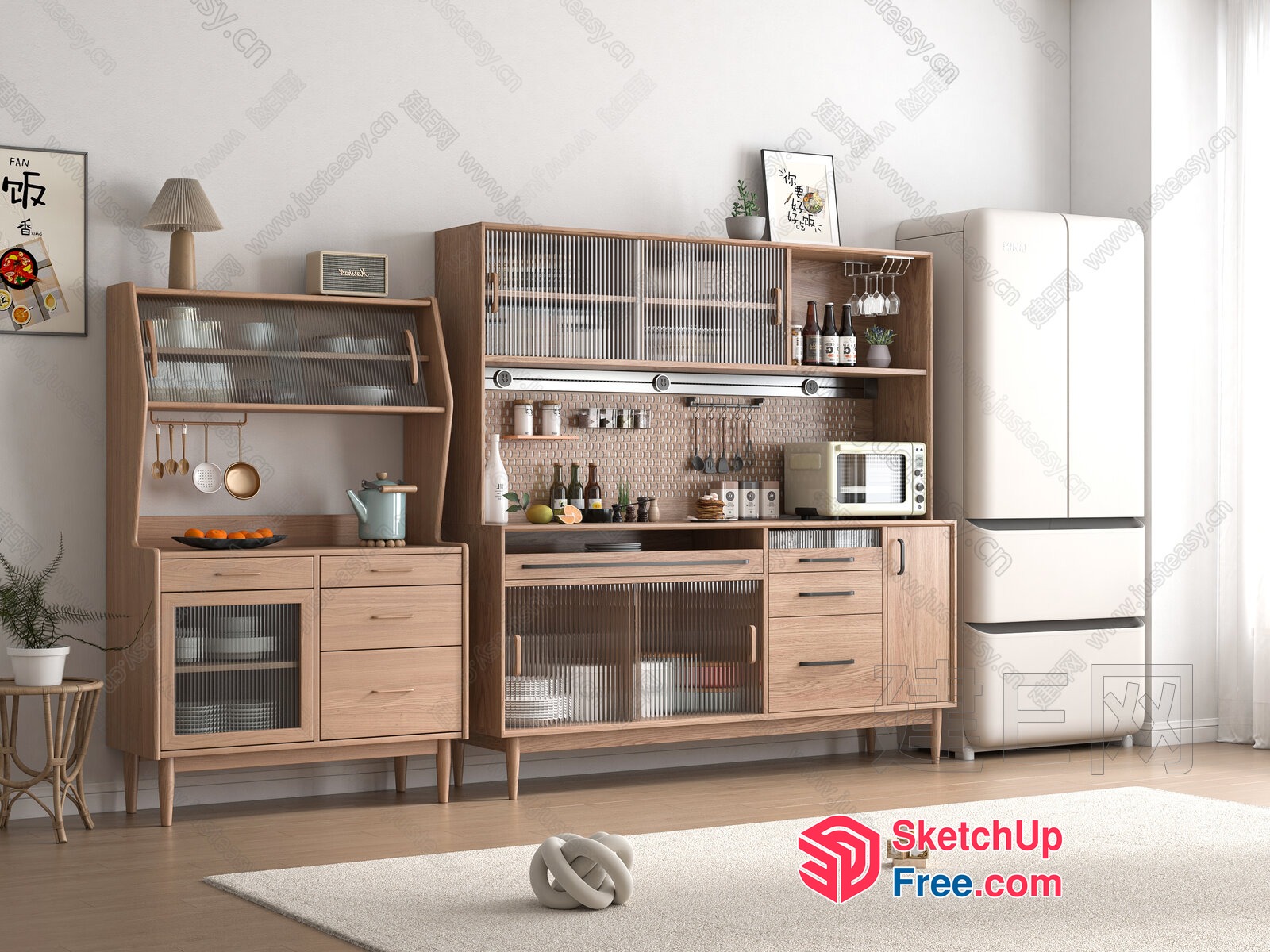 Modern Kitchen With Light Wood Furniture And White Appliances 3D SketchUp File