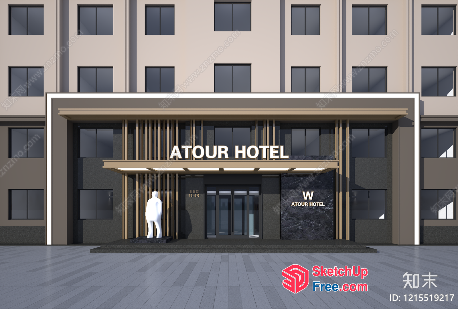 Modern Hotel Entrance With Statues And Glass Doors 3D SketchUp File