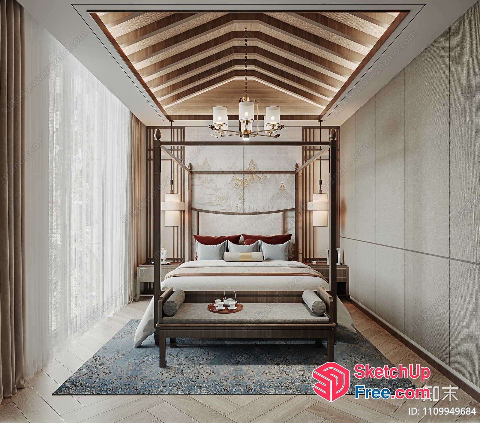Luxurious Asian-Inspired Bedroom With Elegant Ceiling And Bed 3D SketchUp File