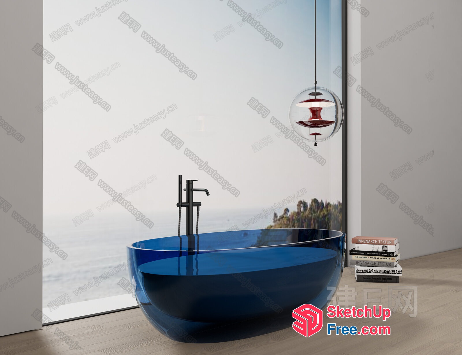 Modern Glass Bathroom Interior With Ocean View 3D SketchUp File